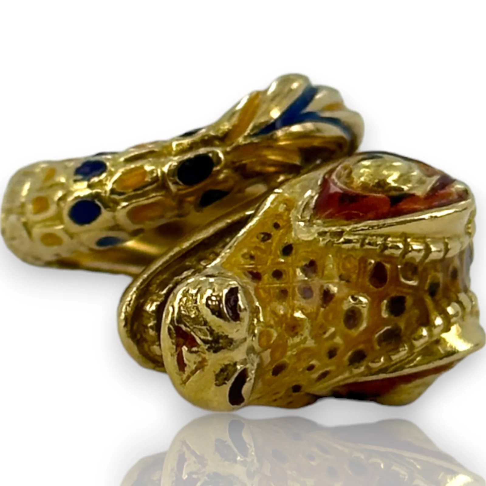 Vintage 1970s-80s 18kt Yellow Gold and Painted Enamel Lizard/Snake/Dragon Wrap Statement Ring Size 4 Made in Italy - Image 4