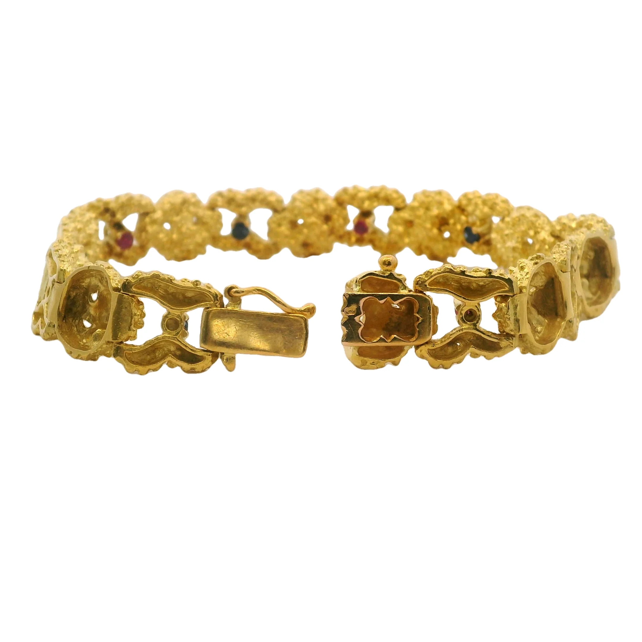 Vintage 1980s Brutalist Solid 18kt Yellow Gold Nugget 8.25" 46.6g Bracelet With Rubies and Sapphires - Image 4