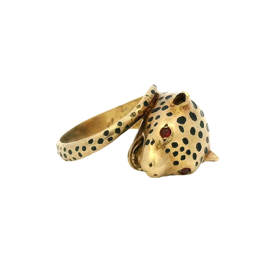 Vintage 1980s EFFY 18kt Solid Yellow Gold and Black Enamel Cheetah Ring with Ruby Eyes Size 7.25
