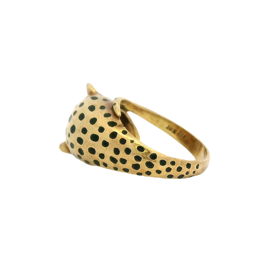 Vintage 1980s EFFY 18kt Solid Yellow Gold and Black Enamel Cheetah Ring with Ruby Eyes Size 7.25 - Image 3