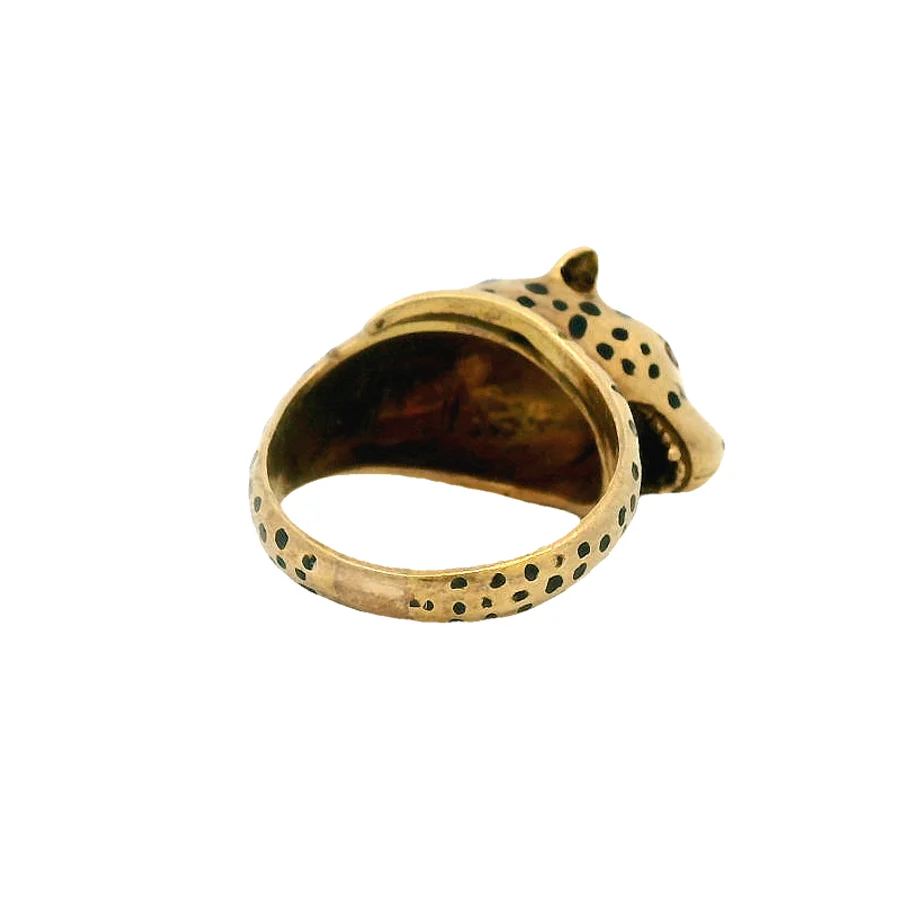 Vintage 1980s EFFY 18kt Solid Yellow Gold and Black Enamel Cheetah Ring with Ruby Eyes Size 7.25 - Image 4