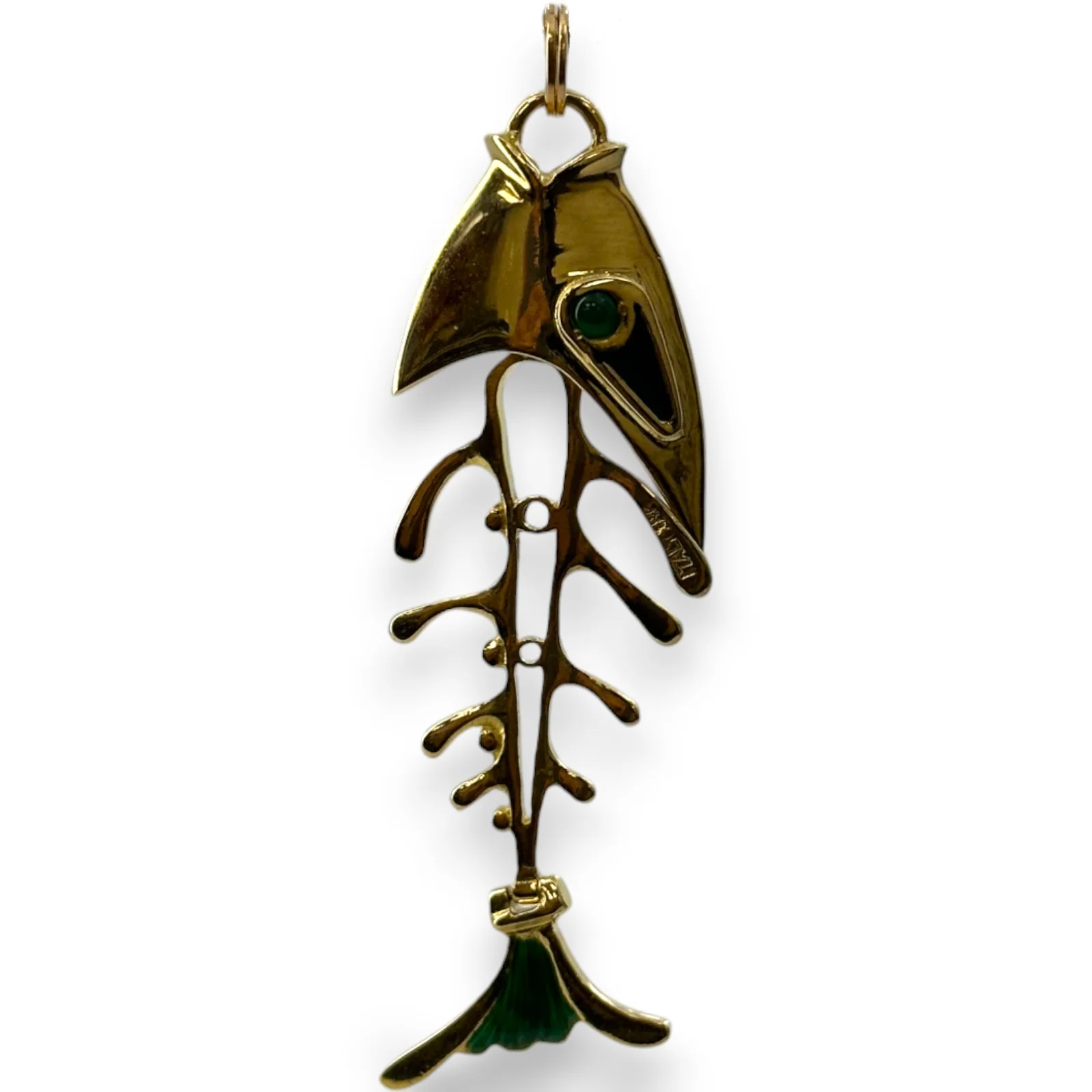 Vintage 1980s Solid 18kt Gold and Enamel Italian Bone Fish Skeleton Pendant with Chrysoprase Eyes Charm - Image 3
