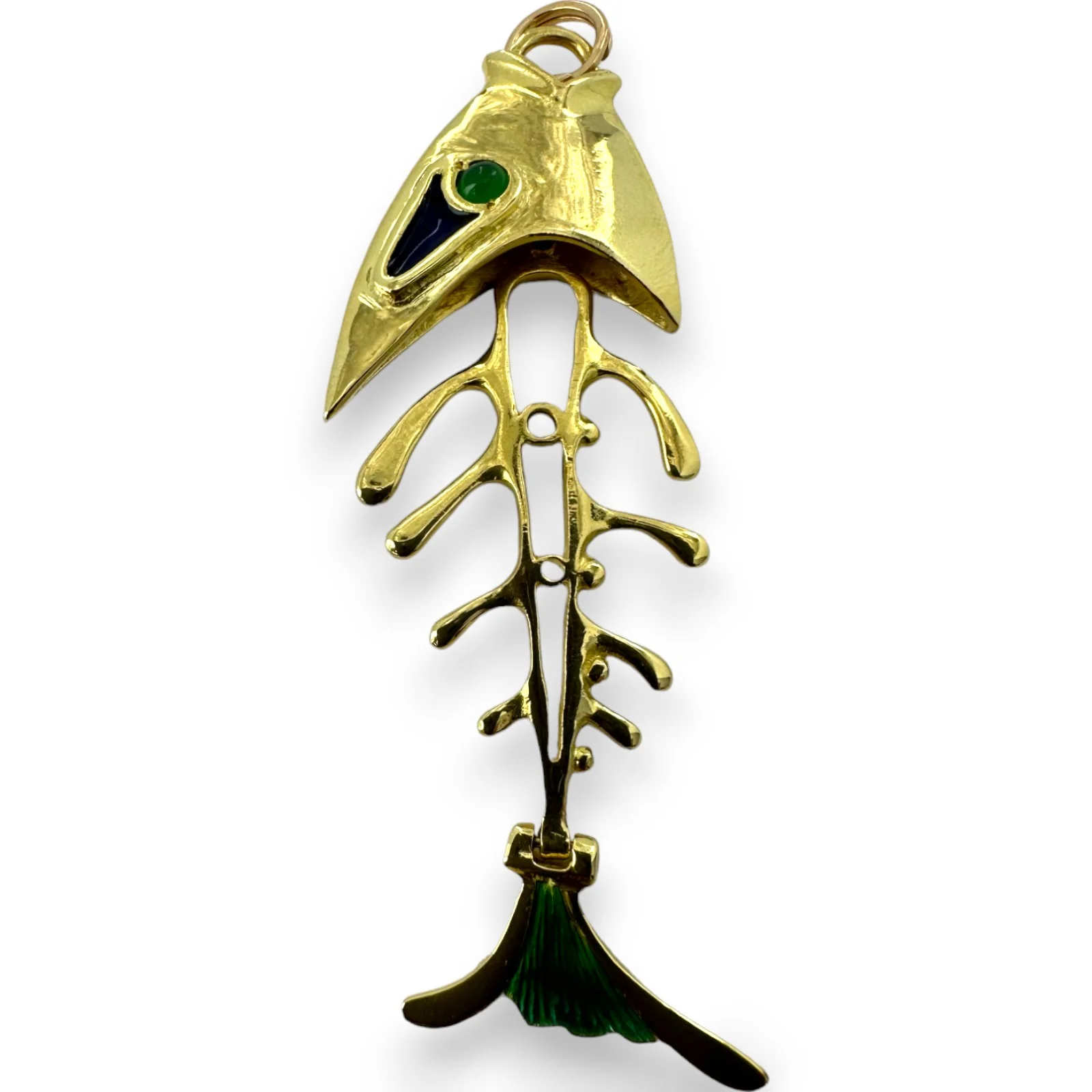 Vintage 1980s Solid 18kt Gold and Enamel Italian Bone Fish Skeleton Pendant with Chrysoprase Eyes Charm - Image 4