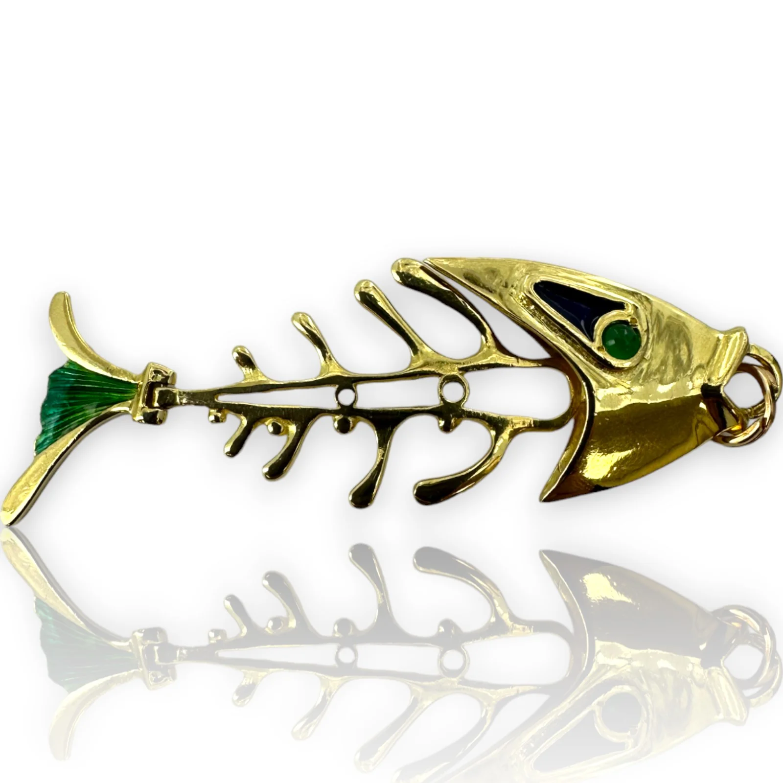 Vintage 1980s Solid 18kt Gold and Enamel Italian Bone Fish Skeleton Pendant with Chrysoprase Eyes Charm - Image 5
