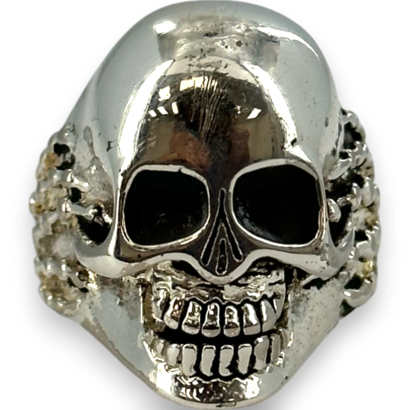 Vintage 1986 G&S Collectable 925 Sterling Silver Skull and Bones Heavy Biker Ring Size 9 - Image 2