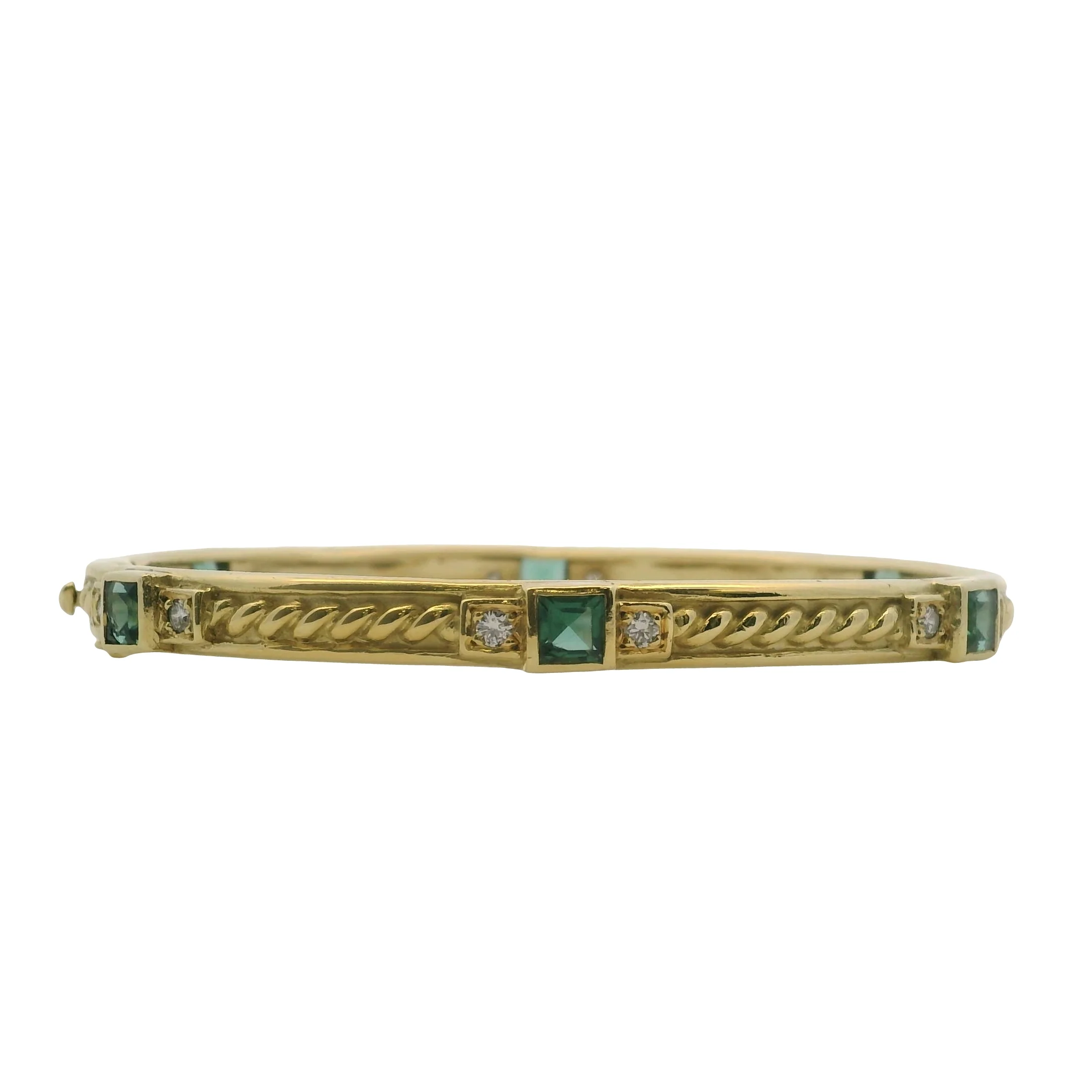 Vintage 1994 Judith Ripka 18kt Yellow Gold Green Tourmaline and Diamond Hinged Bangle 7" - Image 2