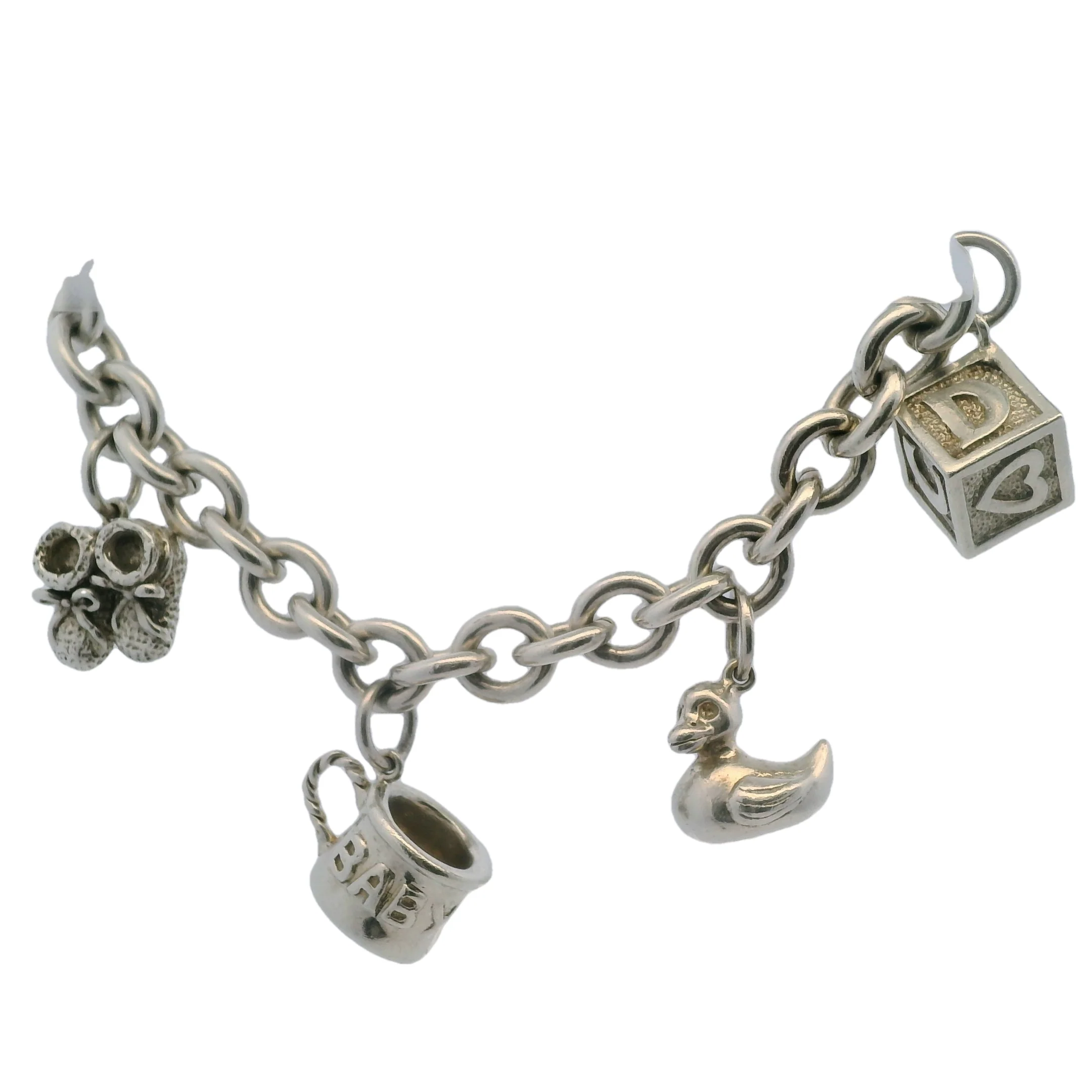 Vintage 925 Sterling Silver Baby Charm Bracelet with Teddy, Cup, Block, Duckie, and Shoes - Image 2
