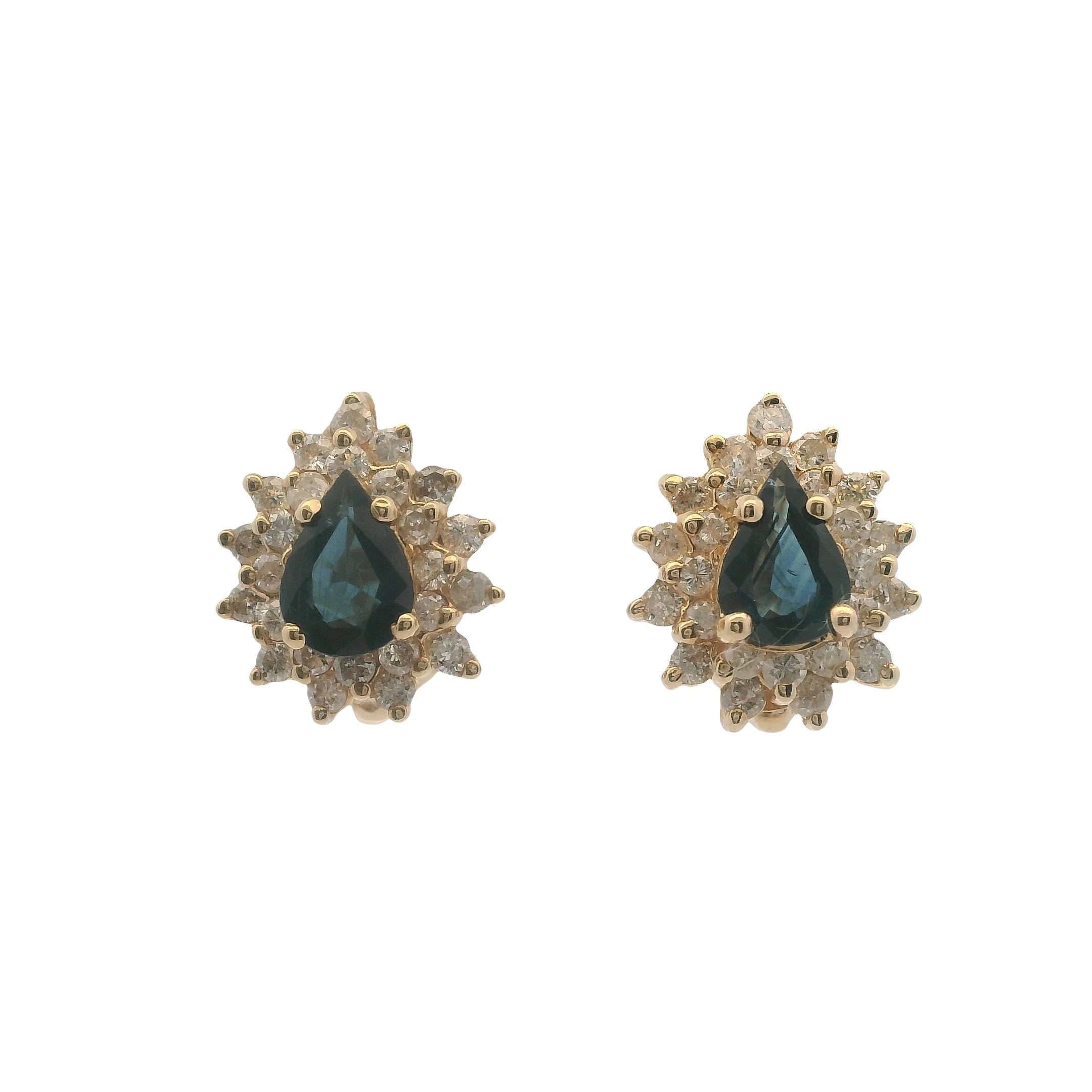 Vintage Clyde Duneiere Solid 14kt Yellow Gold Sapphire and Double Diamond Halo Omega Back Earrings - Image 2