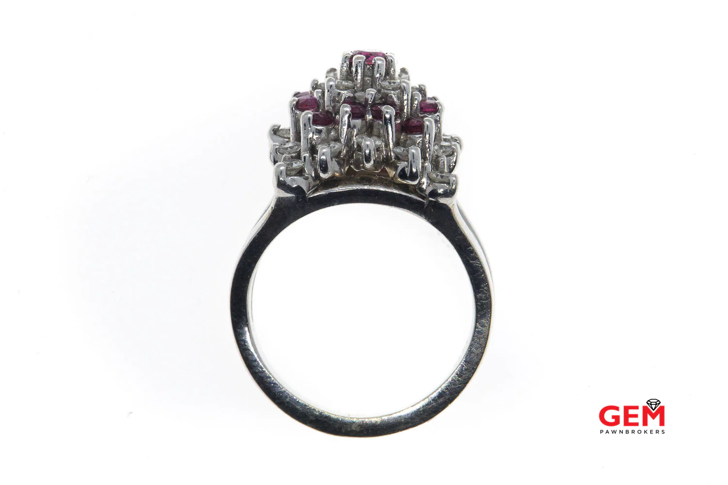 Vintage Diamond & Pink Sapphire Geometric Cluster 14K 585 White Gold Cocktail Ring Size 5 1/2 - Image 3