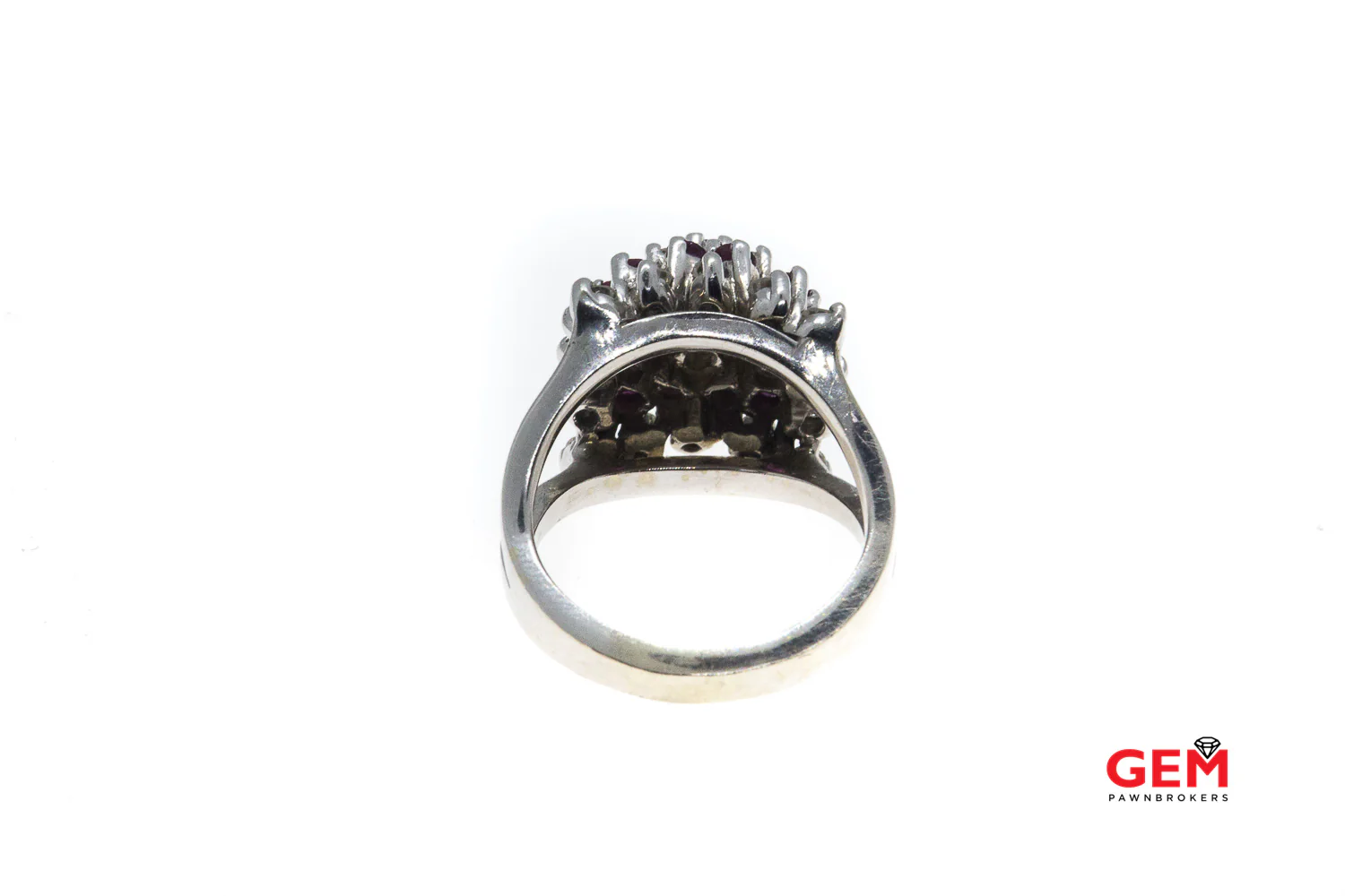 Vintage Diamond & Pink Sapphire Geometric Cluster 14K 585 White Gold Cocktail Ring Size 5 1/2 - Image 4