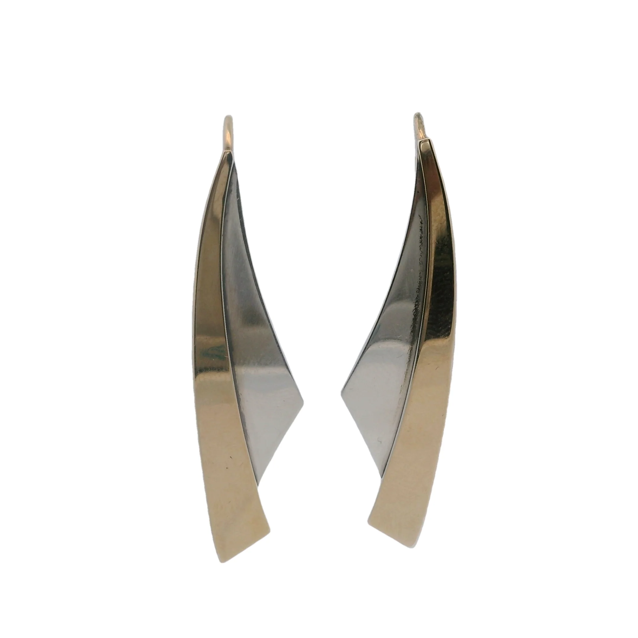 Vintage Ed Levin Modernist Era 14kt Gold and 925 Sterling Silver Linear Curve Dangle Earrings