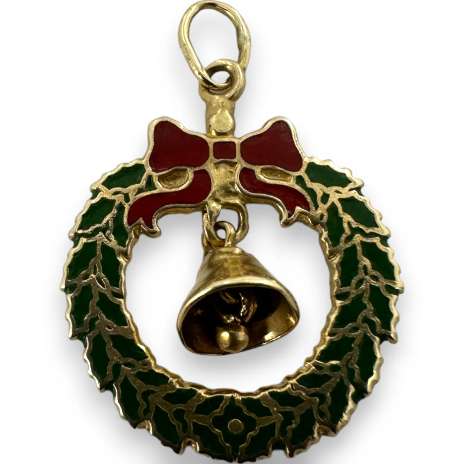 Vintage Enamel Christmas Holiday Wreath Charm Ringing Bell Pendant Solid 14kt Yellow Gold
