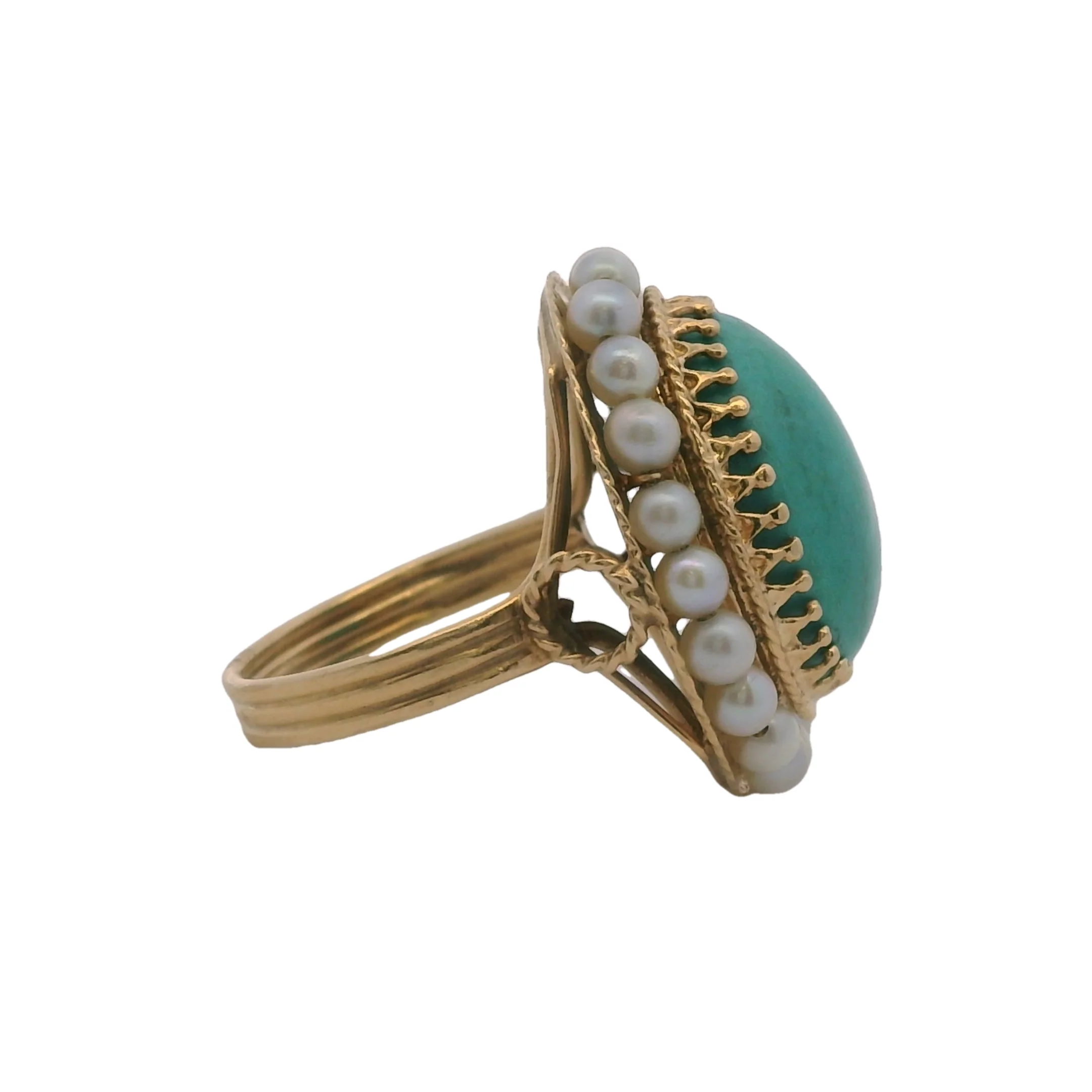 Vintage Handmade 14kt Yellow Gold Turquoise Cabochon and Pearl Cocktail Ring Size 6 - Image 3