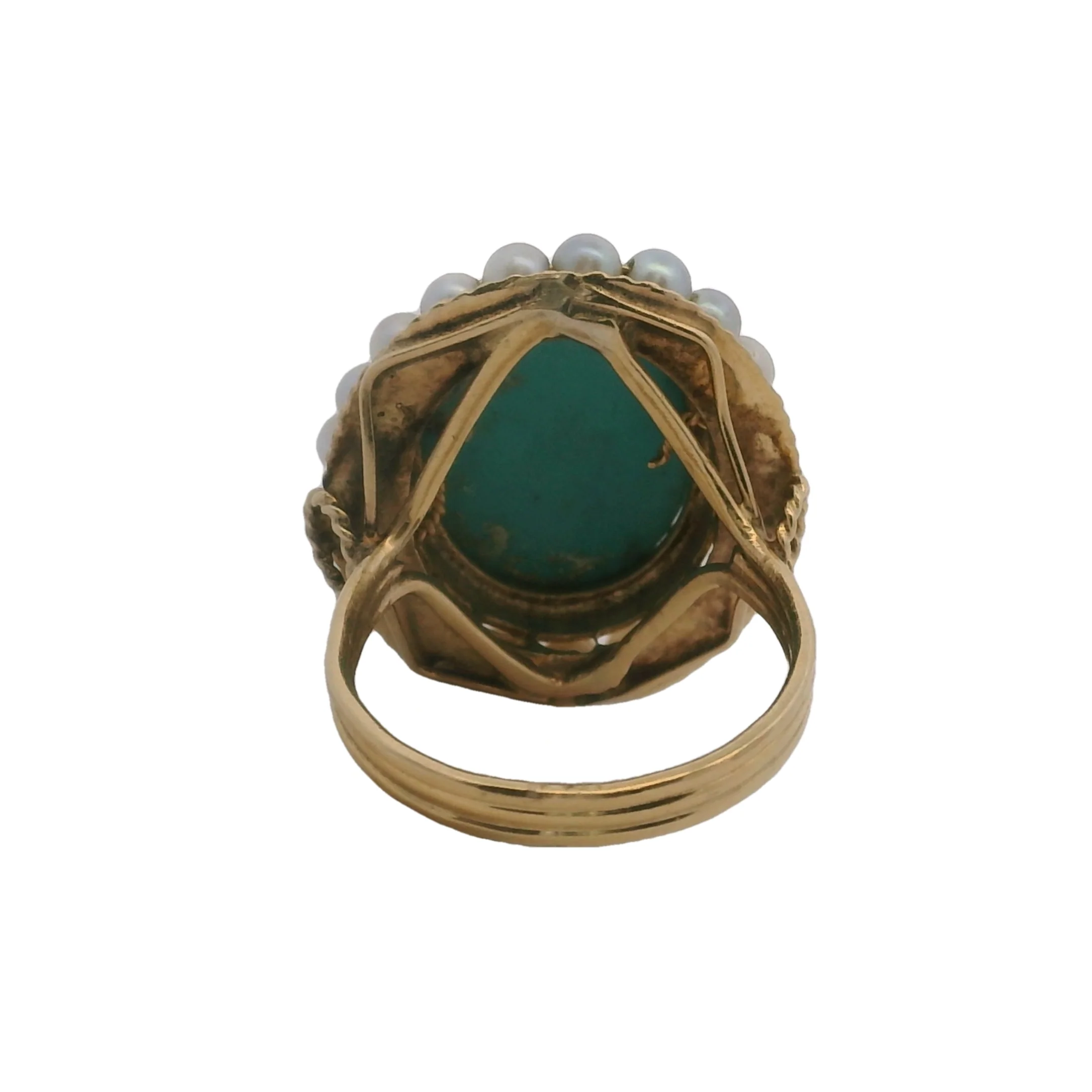Vintage Handmade 14kt Yellow Gold Turquoise Cabochon and Pearl Cocktail Ring Size 6 - Image 4
