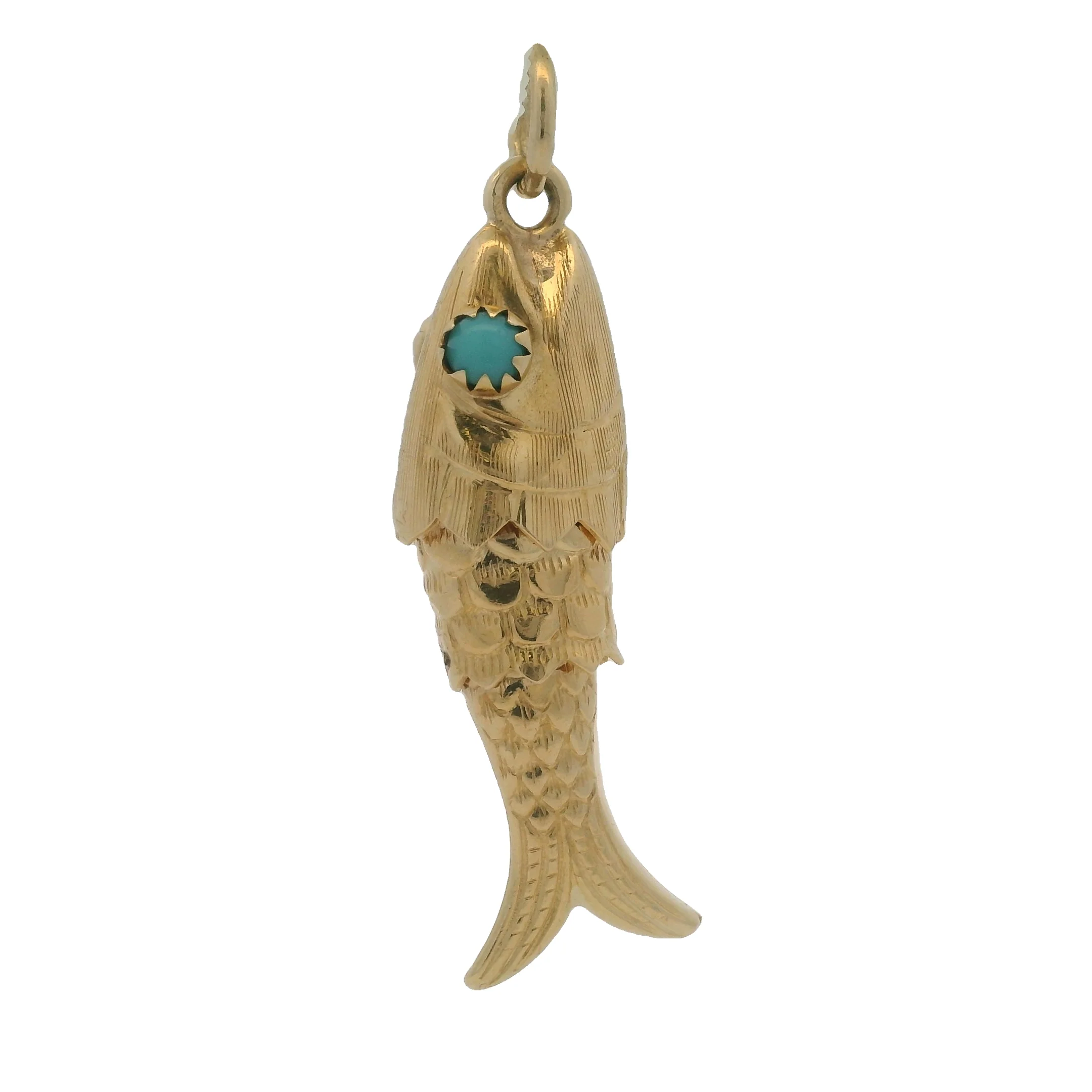 Vintage Italian Solid 18kt Yellow Gold Articulated 1.5" Fish Pendant with Turquoise Eyes - Image 2