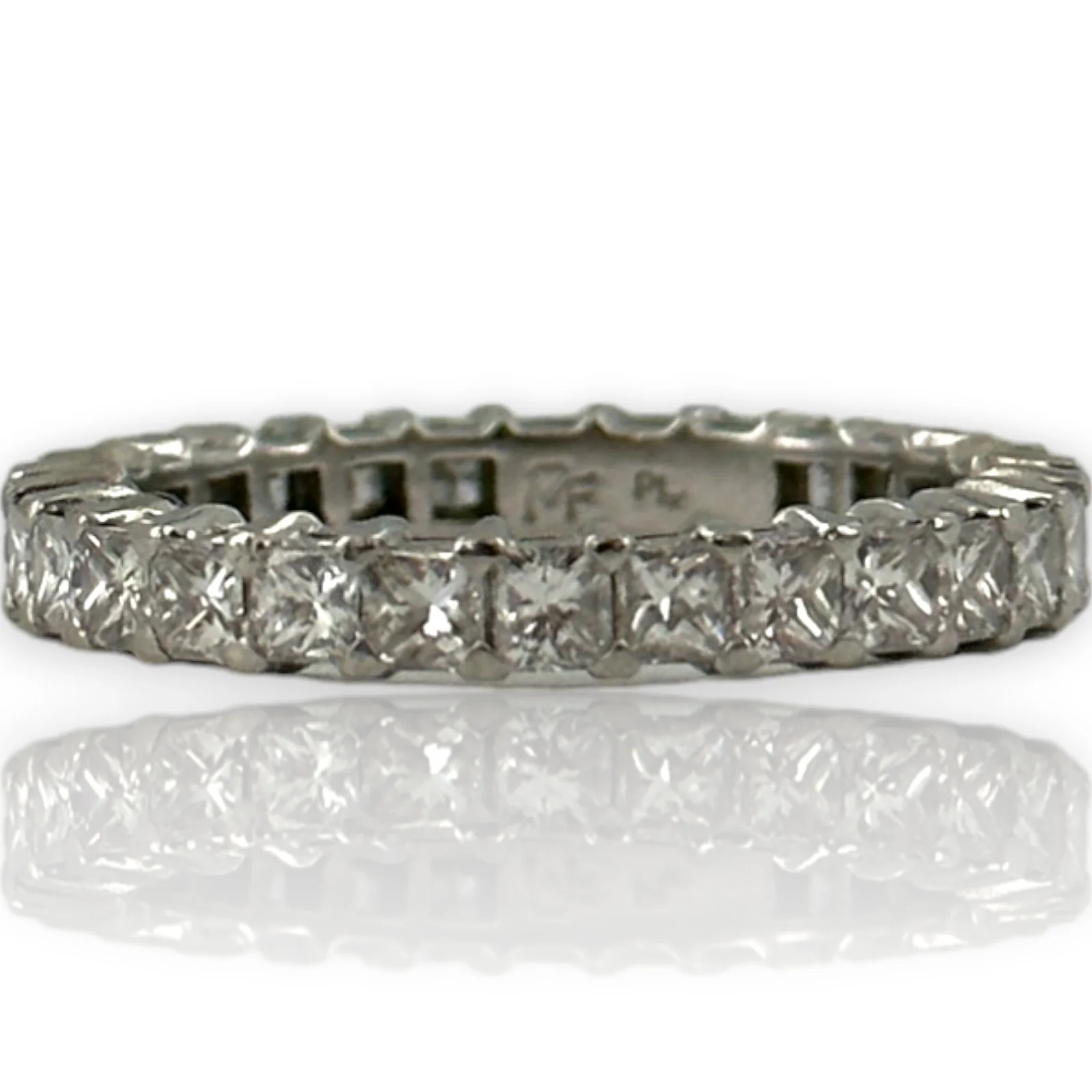 Vintage M Fisher CO 1980s Solid Platinum and Princess Cut Diamond 3mm Eternity Band Size 6.5 Ring