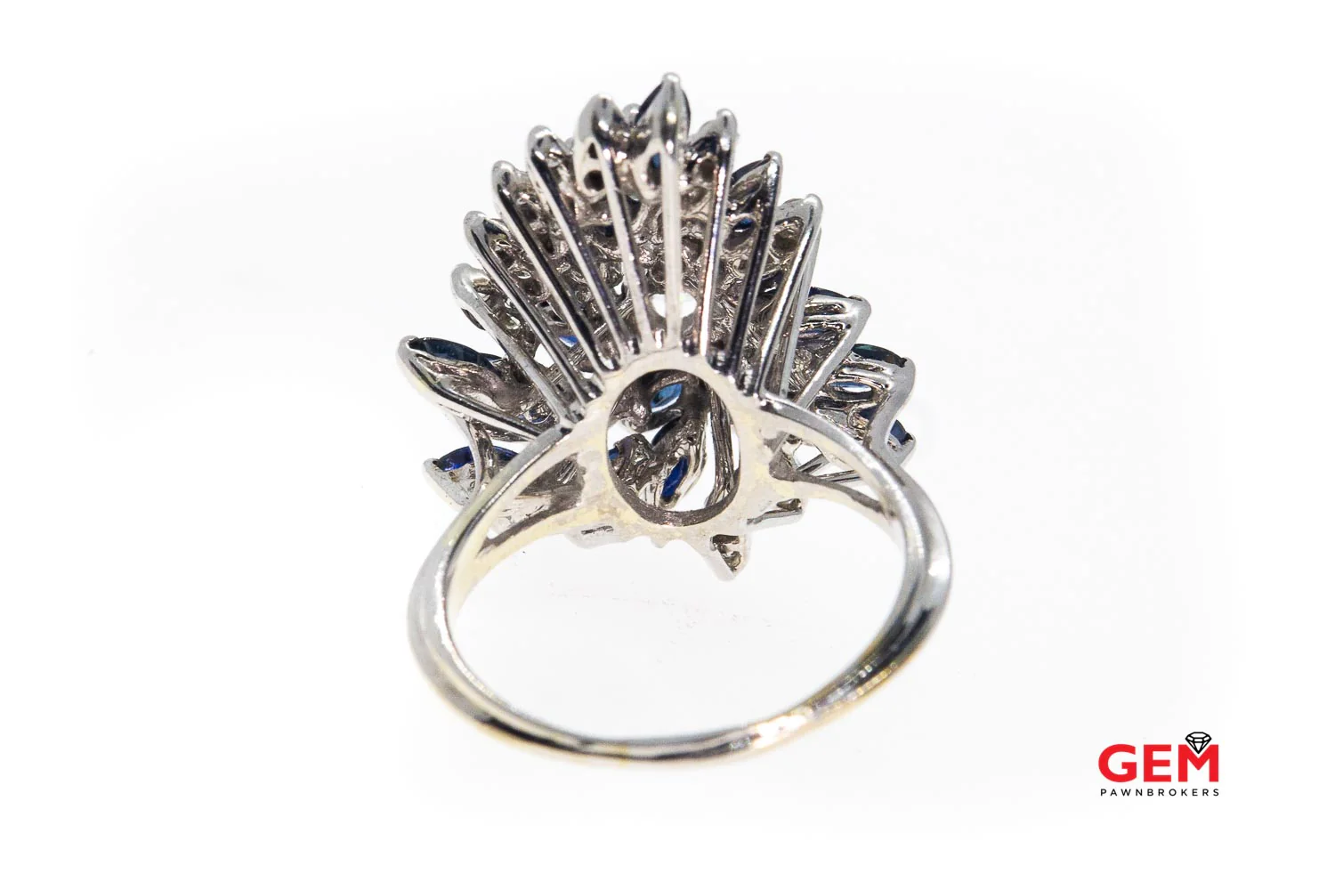 Vintage Marquise Sapphire & Diamond Cocktail 14K 585 White Gold Cluster Ring Size 9 - Image 3