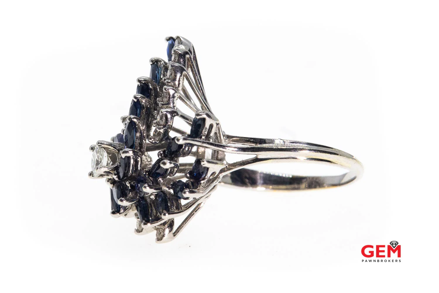 Vintage Marquise Sapphire & Diamond Cocktail 14K 585 White Gold Cluster Ring Size 9 - Image 4