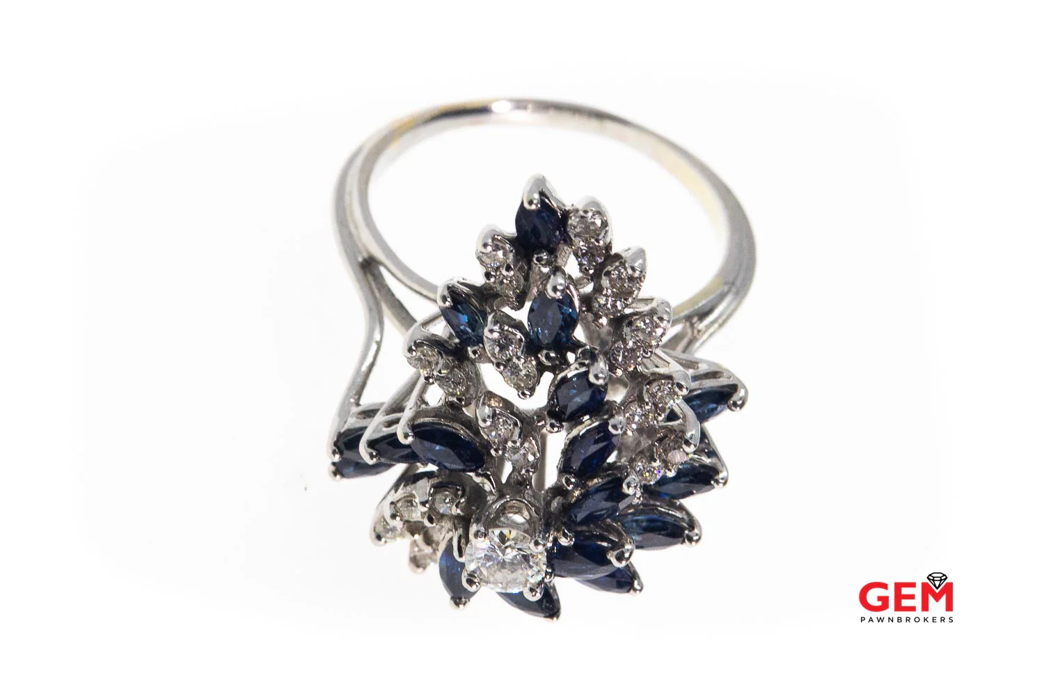 Vintage Marquise Sapphire & Diamond Cocktail 14K 585 White Gold Cluster Ring Size 9 - Image 5