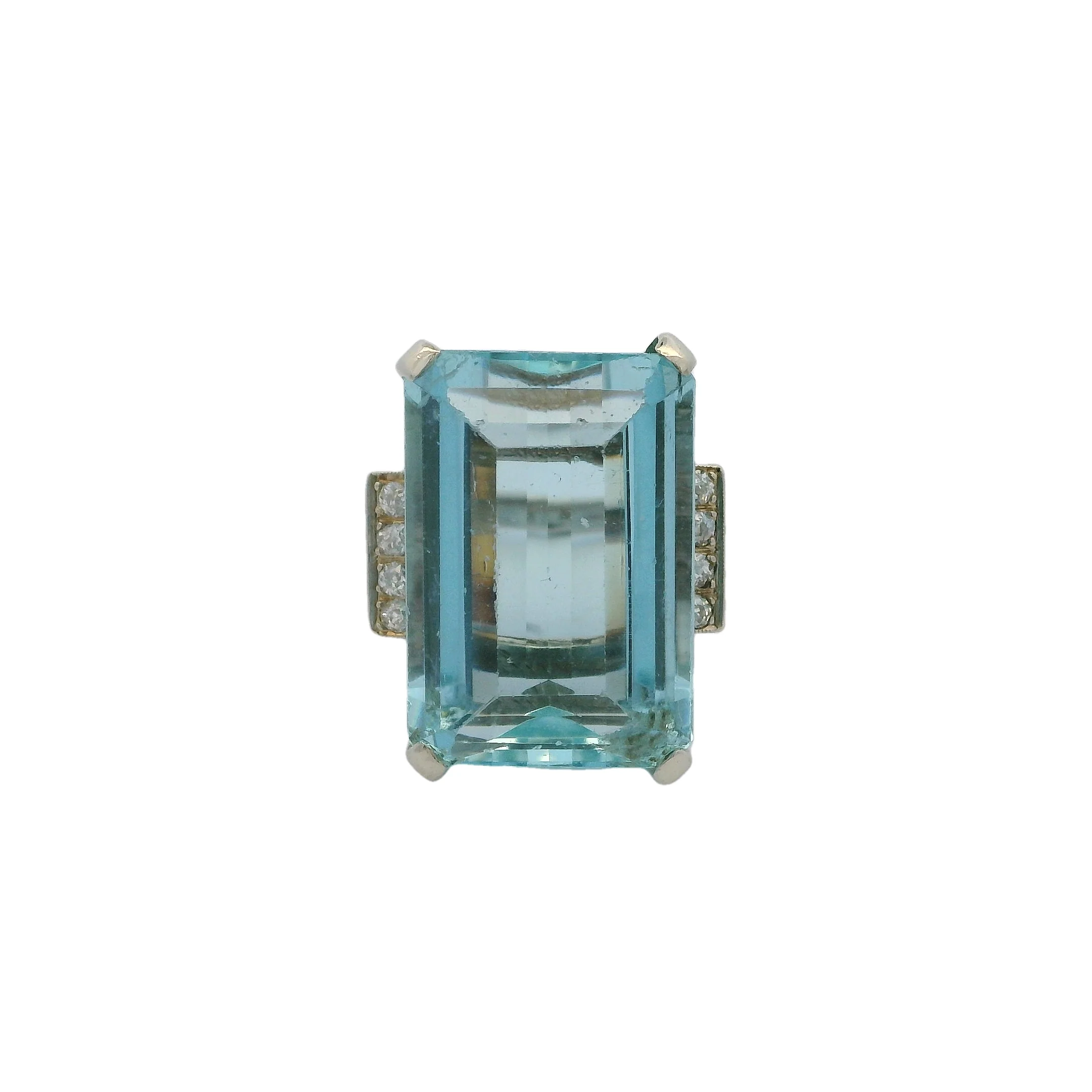Vintage Mid-Century 14k Emerald-Cut Aquamarine and Diamond Cocktail Statement Ring Size 6
