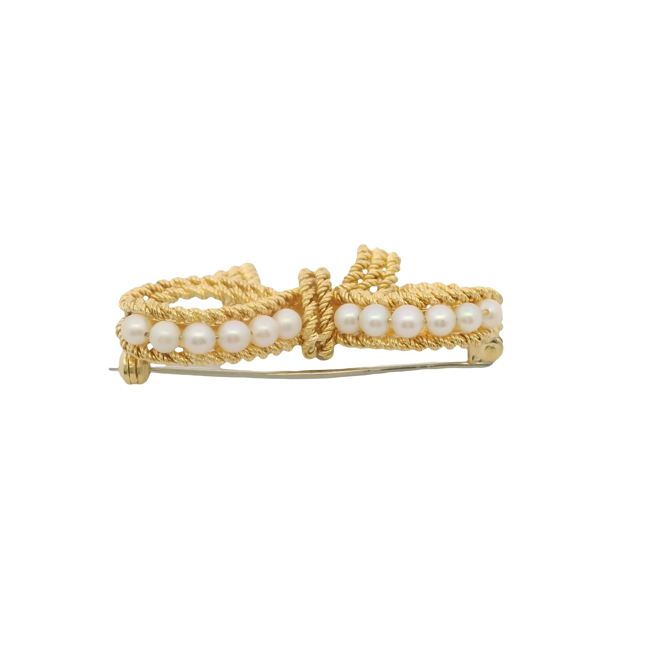 Vintage Mid-Century Italian Solid 18kt Yellow Gold and Pearl Rope Bow Pin Brooch - Image 6