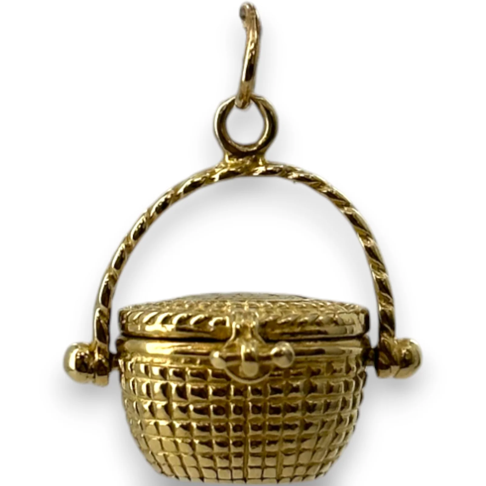 Vintage Picnic Basket Openable Charm Pendant Solid 14kt Yellow Gold - Image 2