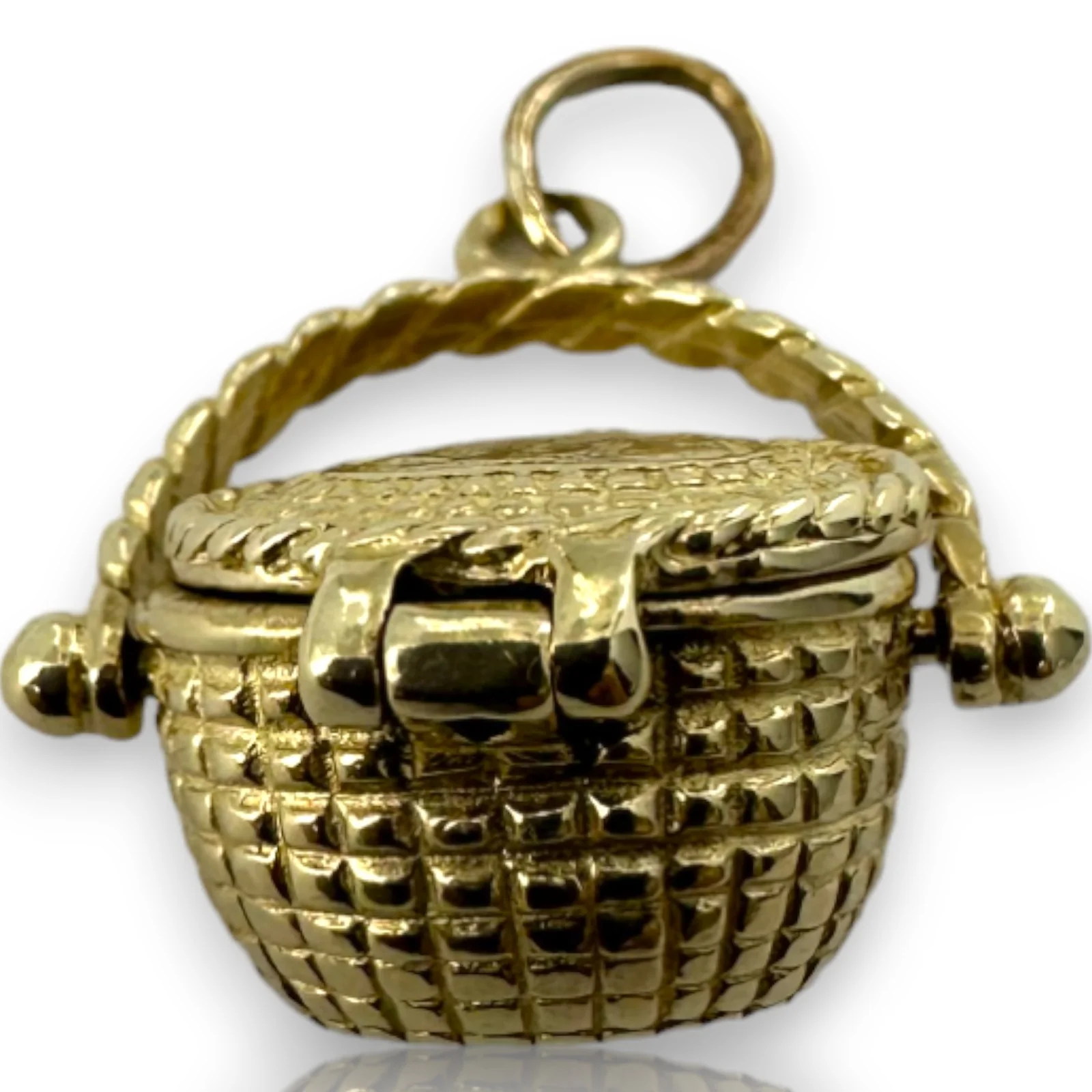 Vintage Picnic Basket Openable Charm Pendant Solid 14kt Yellow Gold - Image 4