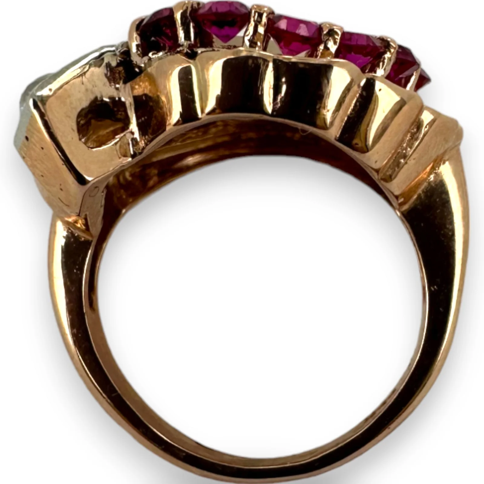 Vintage Retro 1930s-50s Solid 14kt Rose Gold Old European Cut Antique Diamond and Ruby Cocktail Statement Ring Size 4.75 Resizeable - Image 5