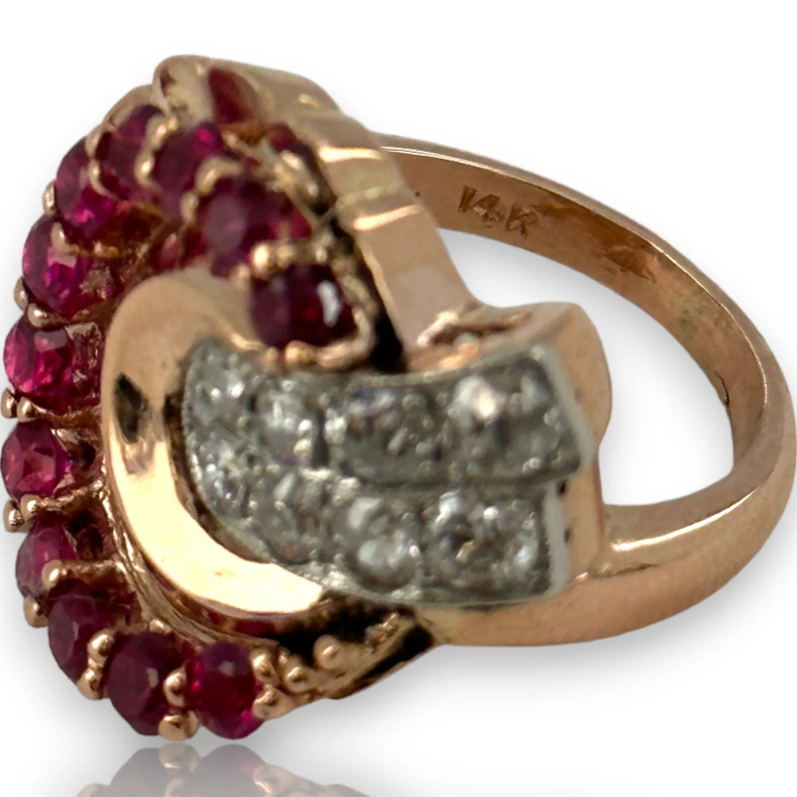 Vintage Retro 1930s-50s Solid 14kt Rose Gold Old European Cut Antique Diamond and Ruby Cocktail Statement Ring Size 4.75 Resizeable - Image 6