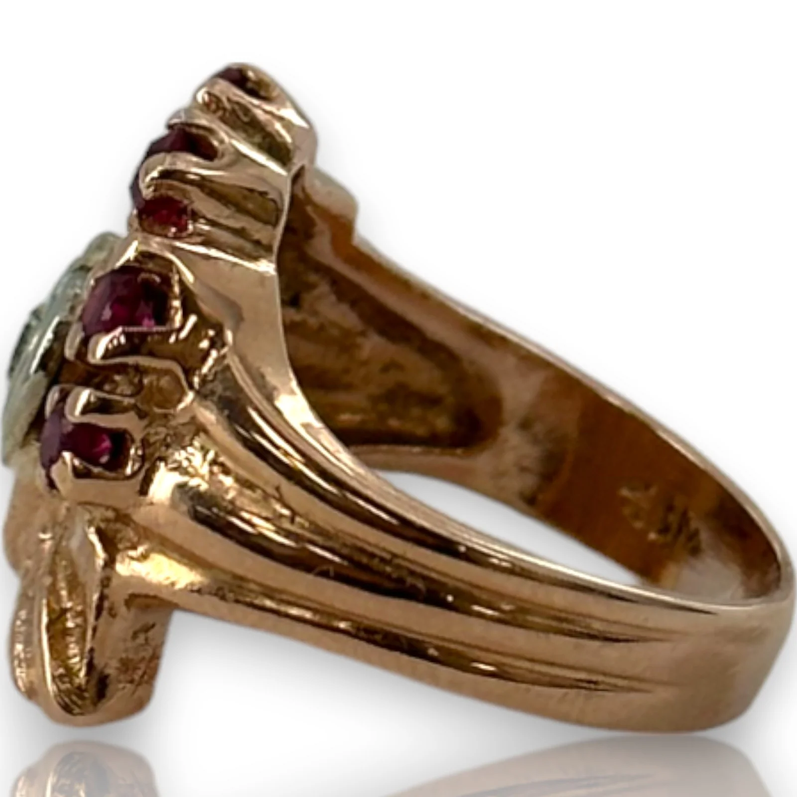 Vintage Retro 1940s Solid 14kt Rose Gold Cocktail Ring with Heart-Set Diamond and Accent Rubies Size 5.25 - Image 2