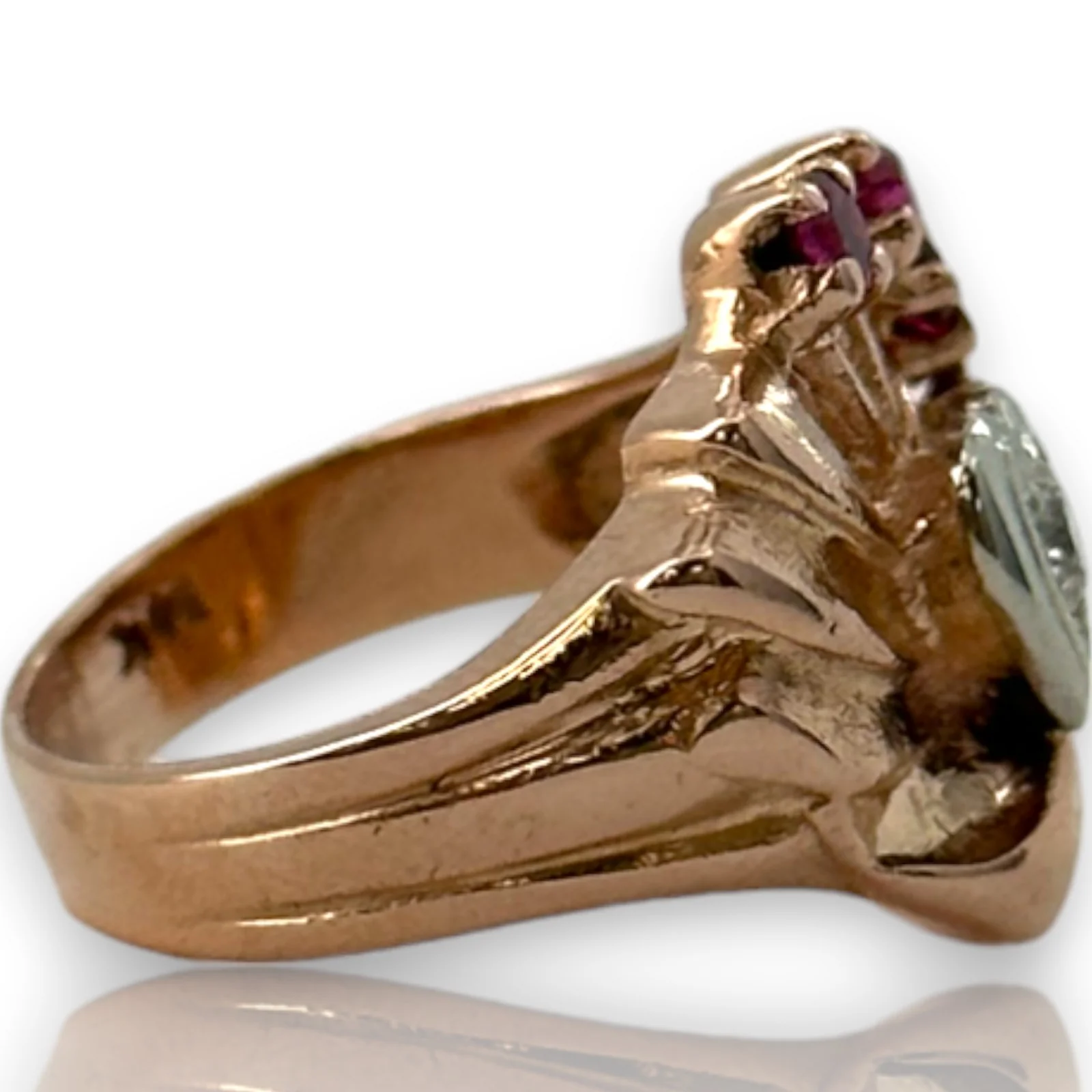 Vintage Retro 1940s Solid 14kt Rose Gold Cocktail Ring with Heart-Set Diamond and Accent Rubies Size 5.25 - Image 3