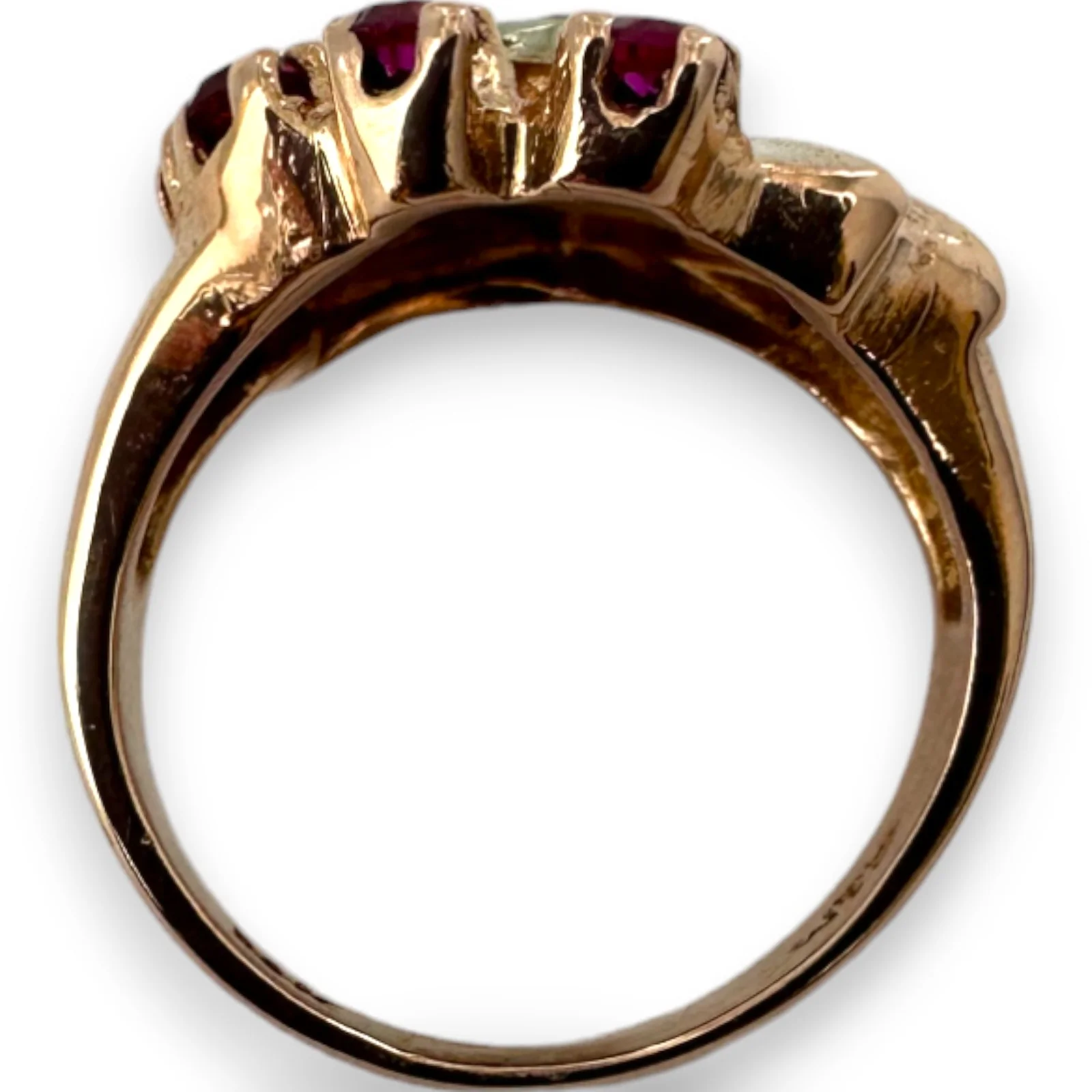 Vintage Retro 1940s Solid 14kt Rose Gold Cocktail Ring with Heart-Set Diamond and Accent Rubies Size 5.25 - Image 4
