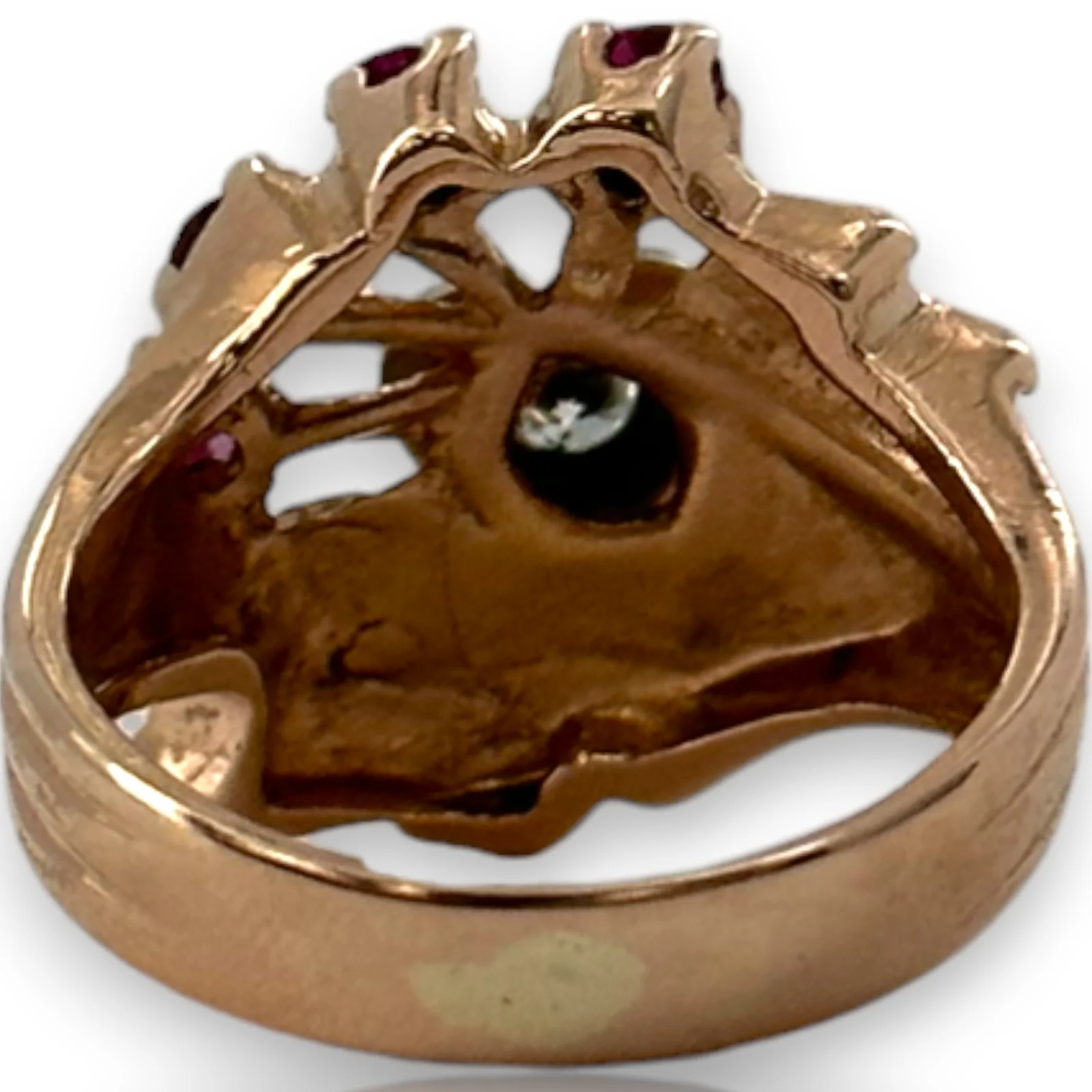 Vintage Retro 1940s Solid 14kt Rose Gold Cocktail Ring with Heart-Set Diamond and Accent Rubies Size 5.25 - Image 5