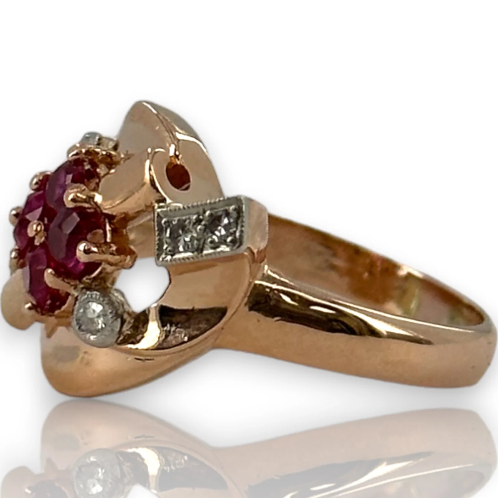 Vintage Retro Era 1940-50s 14kt Solid Rose Gold Cocktail Ring with Lab-Grown Rubies and Diamonds Size 7 - Image 3