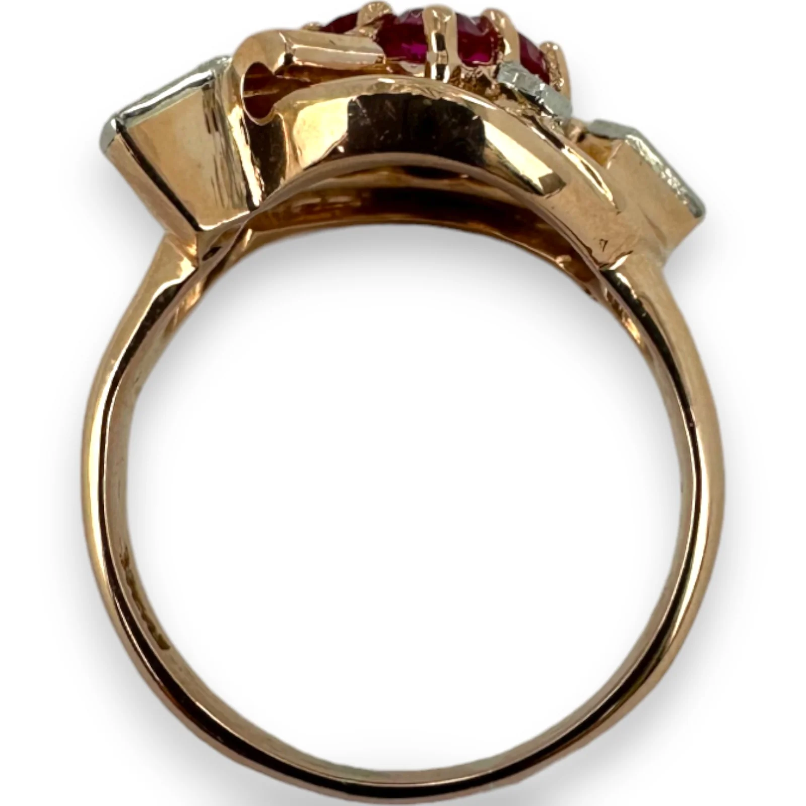 Vintage Retro Era 1940-50s 14kt Solid Rose Gold Cocktail Ring with Lab-Grown Rubies and Diamonds Size 7 - Image 4