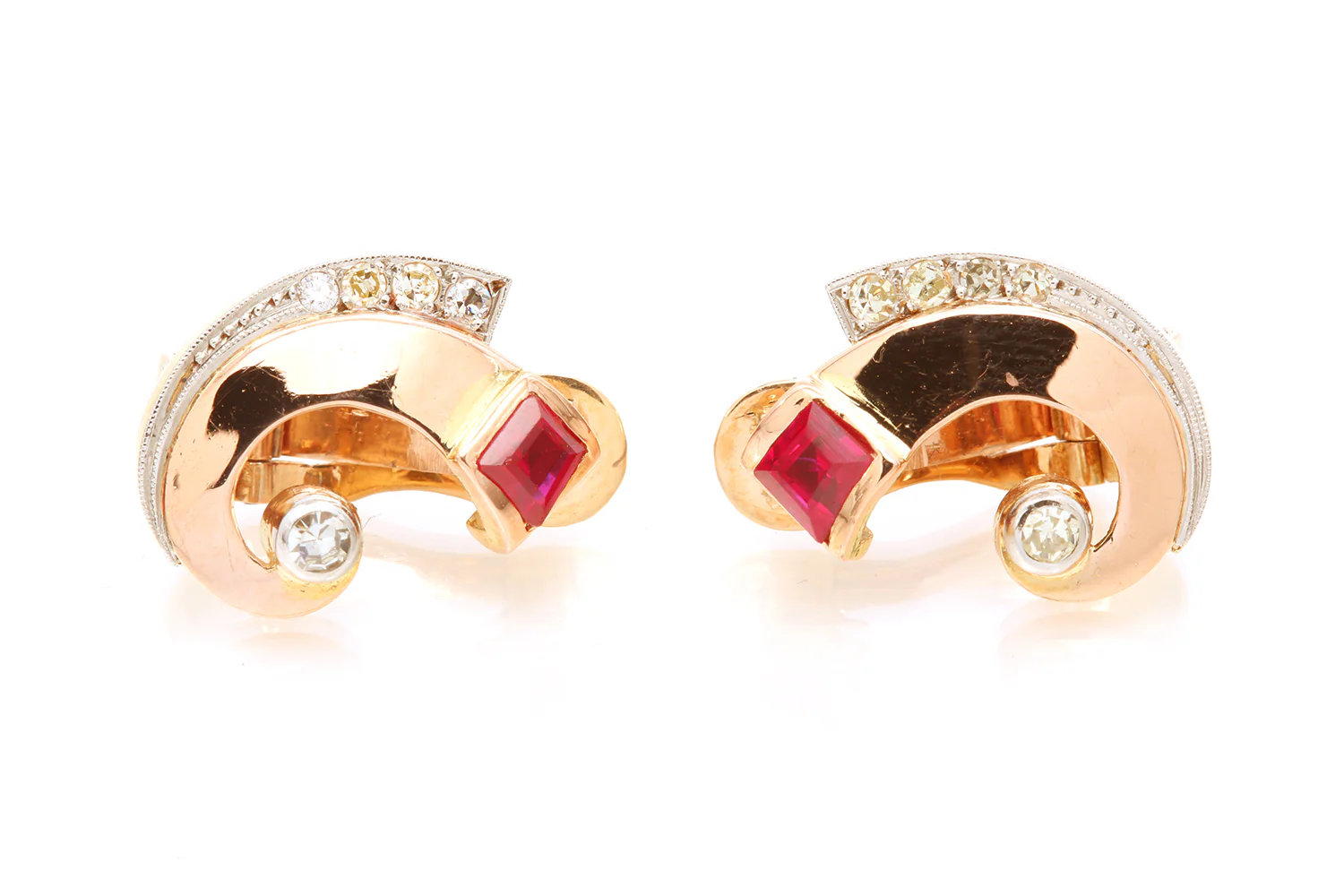 Vintage Retro Pink Sapphire & Diamond 14k 585 Rose Gold Swirl Ear Clip Earrings - Image 2