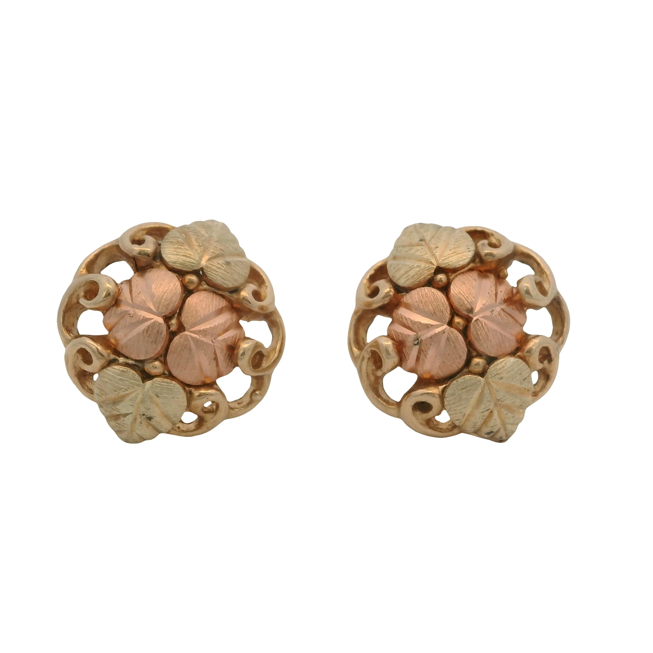 Vintage Solid 10kt Tri-Tone Black Hills Gold Leaf and Vine Stud Earrings
