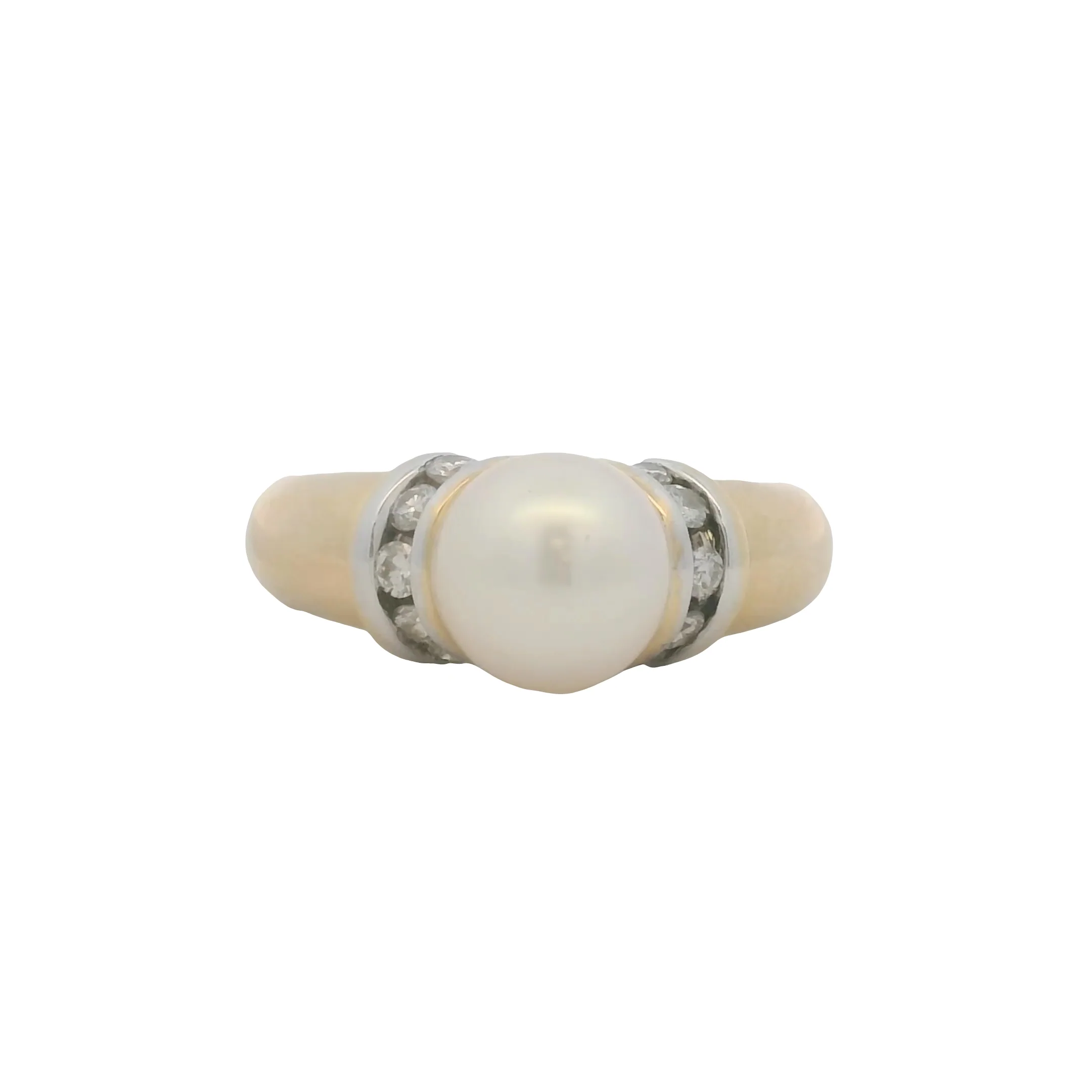 Vintage Solid 14kt Yellow Gold Akoya Pearl and Accent Diamonds Cocktail Ring Size 6.25 - Image 2
