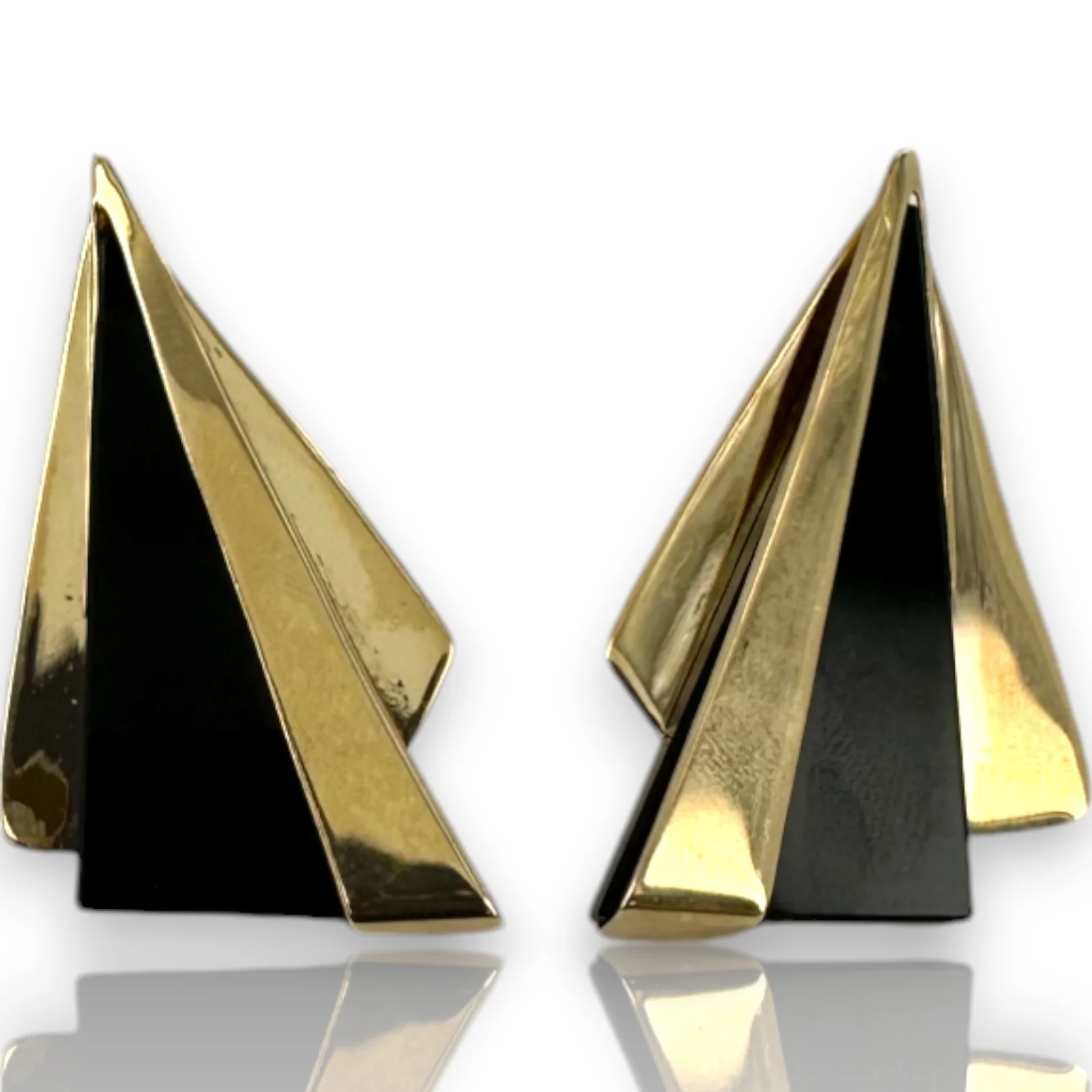 Vintage Solid 14kt Yellow Gold and Onyx 1.3" Long Abstract Triangle Stud Earrings - Image 2