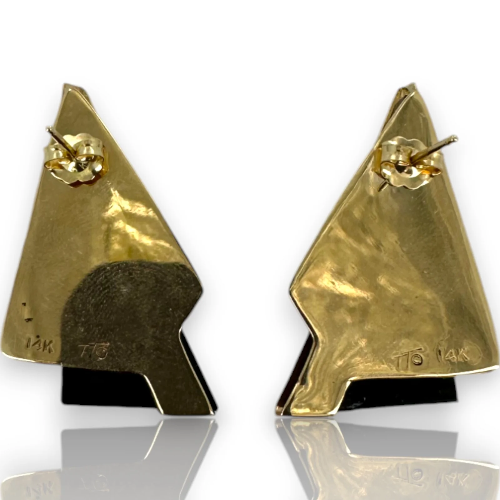 Vintage Solid 14kt Yellow Gold and Onyx 1.3" Long Abstract Triangle Stud Earrings - Image 4