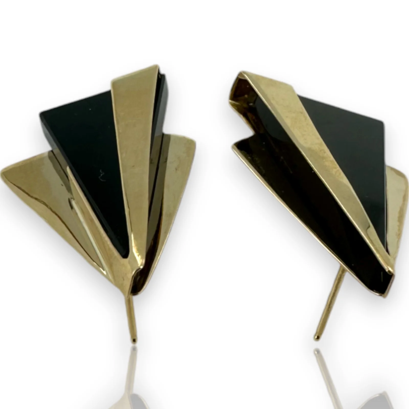 Vintage Solid 14kt Yellow Gold and Onyx 1.3" Long Abstract Triangle Stud Earrings - Image 5