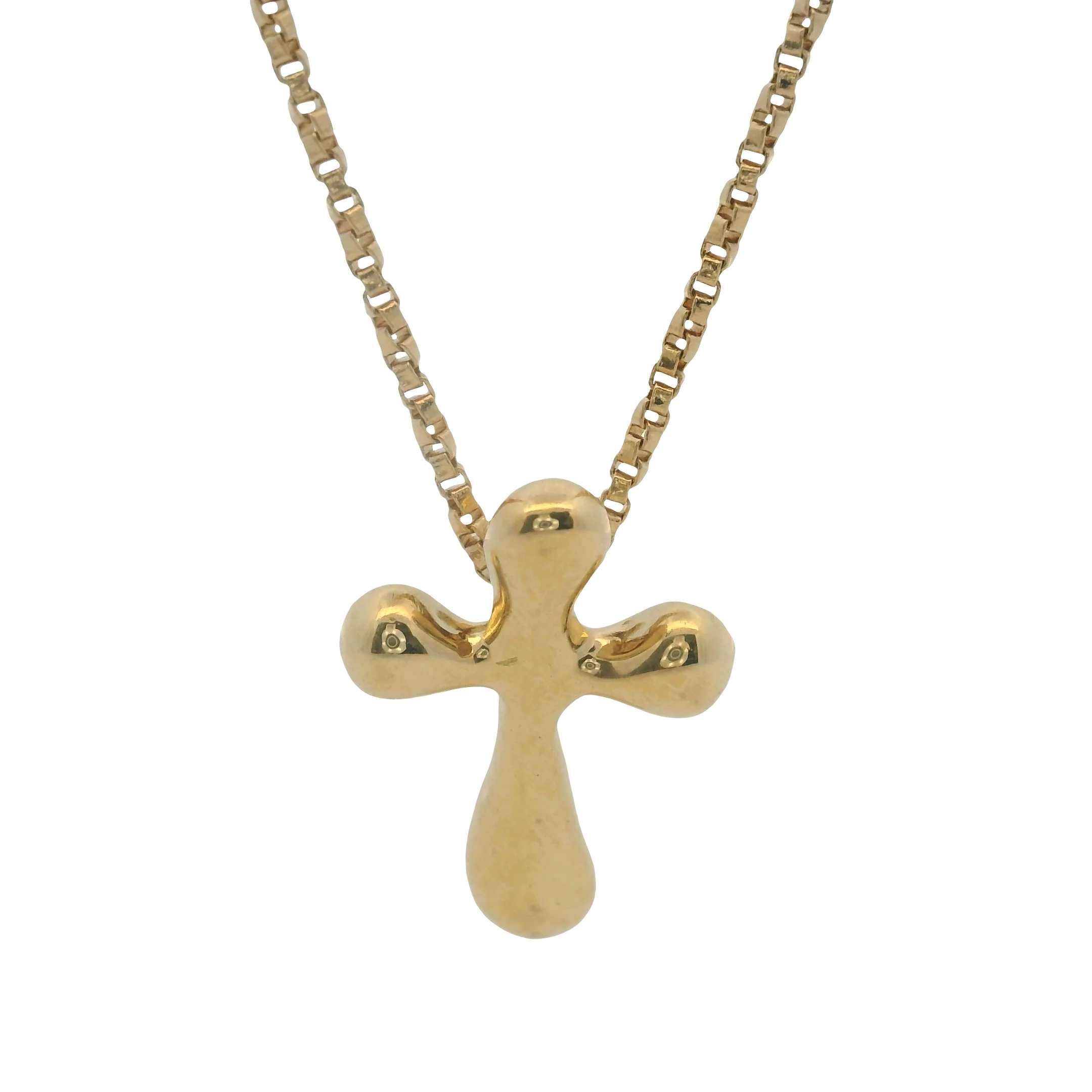 Vintage Solid 14kt Yellow Gold Puffy Liquid Cross Necklace with 18" Small Box Chain - Image 3