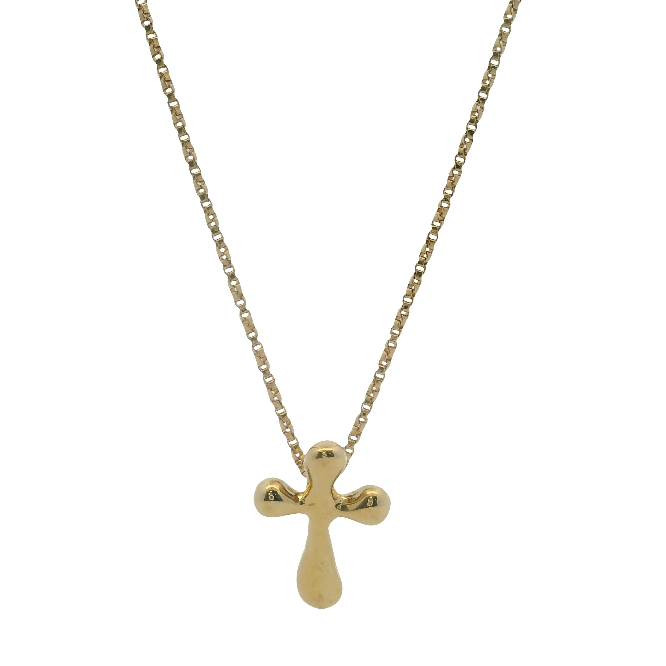 Vintage Solid 14kt Yellow Gold Puffy Liquid Cross Necklace with 18" Small Box Chain - Image 4