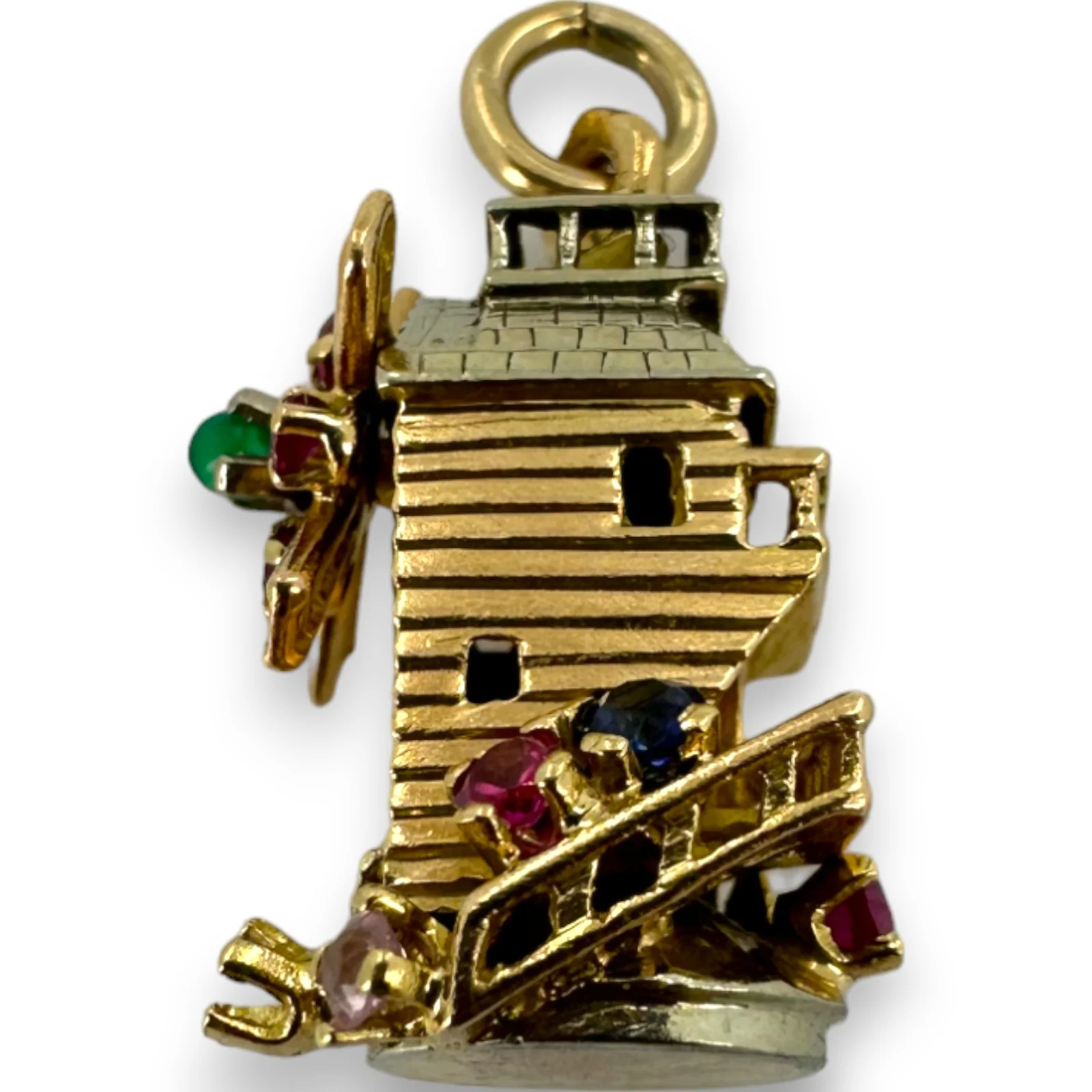 Vintage Solid 14kt Yellow Gold with White Gold Accents Moving Detailed Windmill Charm with Lab Rubies, Sapphires, and Emerald Pendant - Image 3