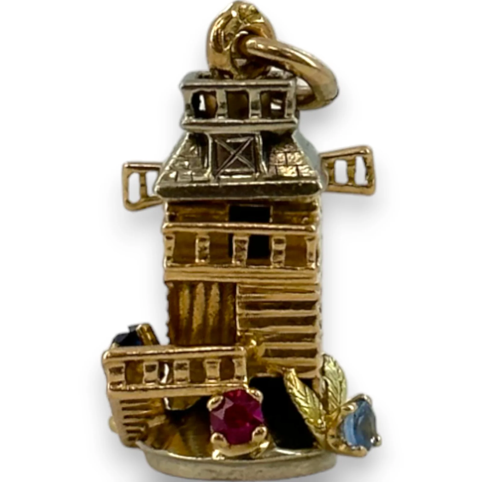 Vintage Solid 14kt Yellow Gold with White Gold Accents Moving Detailed Windmill Charm with Lab Rubies, Sapphires, and Emerald Pendant - Image 4