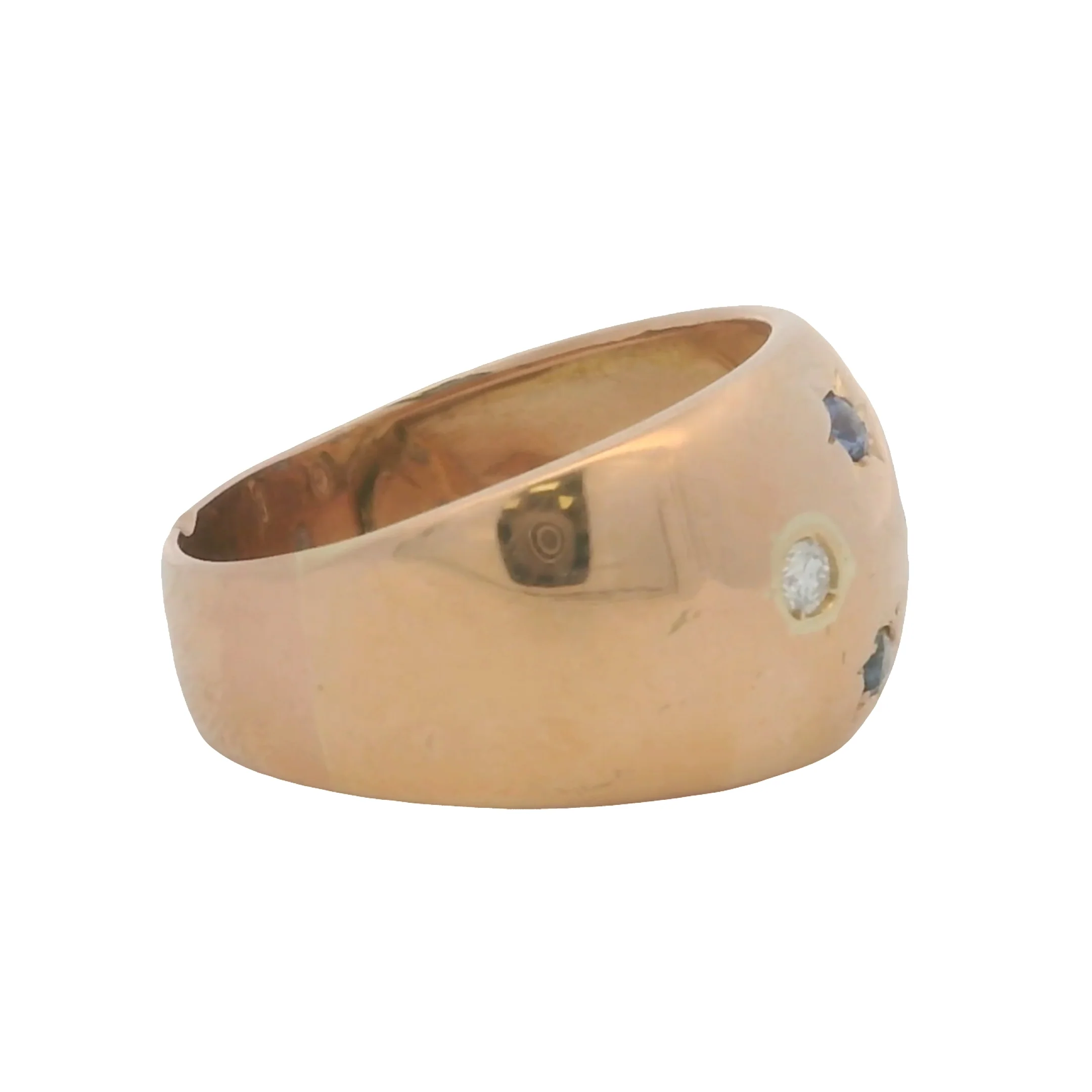 Vintage Solid 18kt Rose Gold 12mm Wide Dome Ring with Diamonds and Sapphires Size 7.5 - Image 3