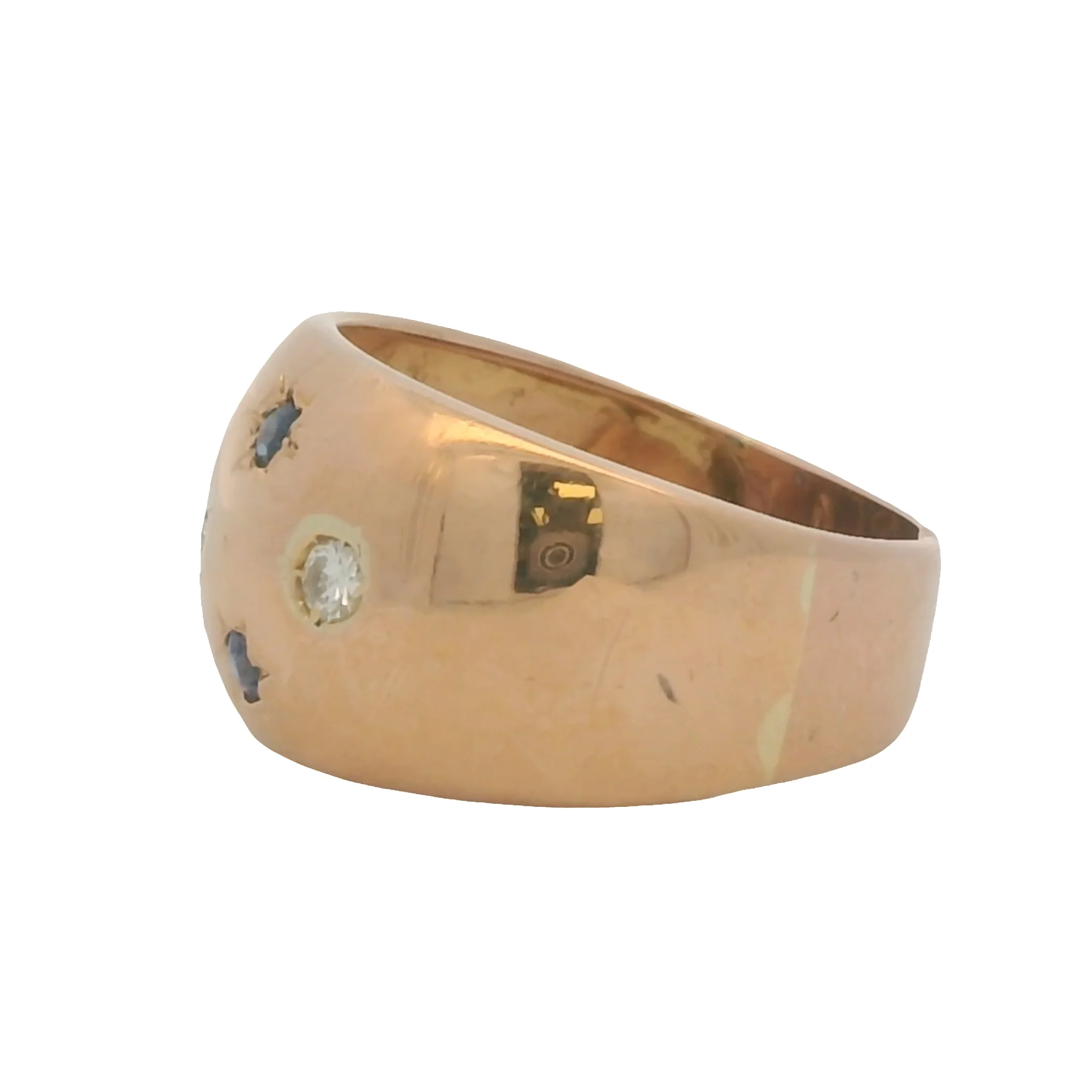 Vintage Solid 18kt Rose Gold 12mm Wide Dome Ring with Diamonds and Sapphires Size 7.5 - Image 4