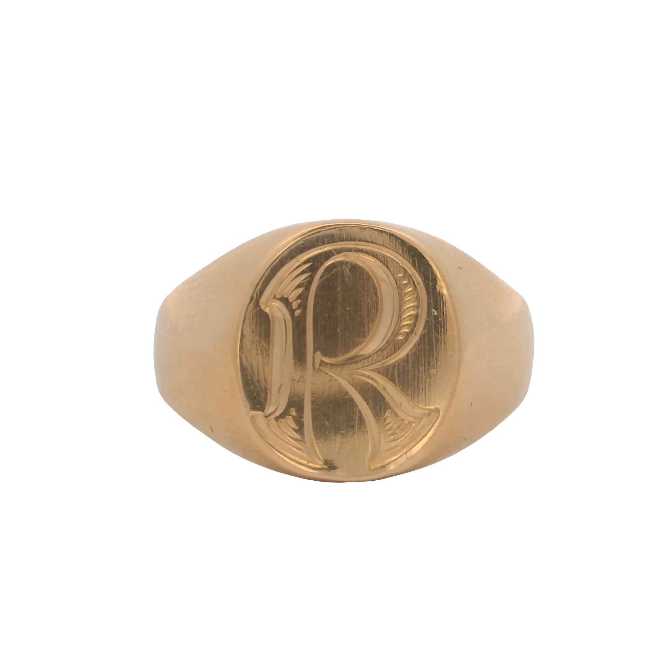 Vintage Solid 18kt Rose Gold Simple Oval "R" Block Lettering Signet Ring Size 7 - Image 2