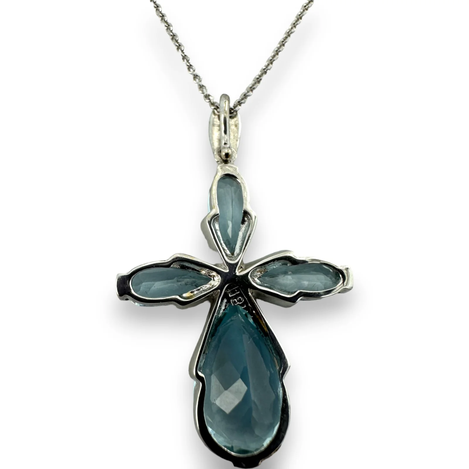 Vintage Solid 18kt White Gold Aquamarine Cross with Diamond Accents on Solid 14kt White Gold 18" Chain - Image 2