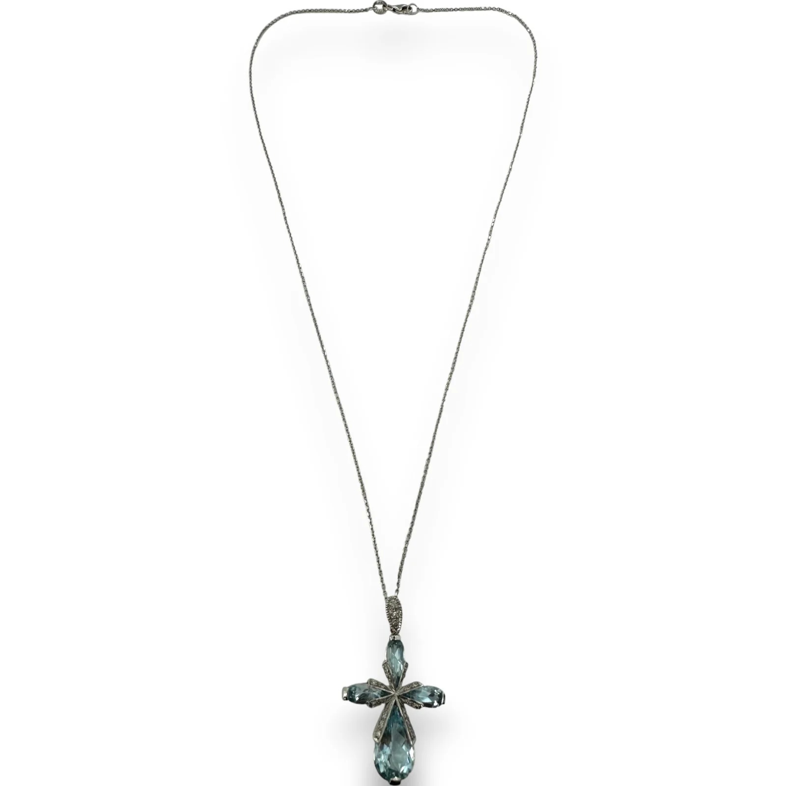 Vintage Solid 18kt White Gold Aquamarine Cross with Diamond Accents on Solid 14kt White Gold 18" Chain - Image 3